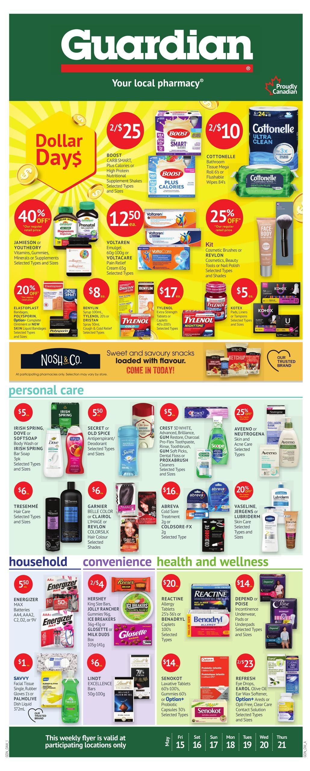 Guardian Pharmacy weekly flyer specials. Dollar Days promotion includes BOOST Carb Smart or Plus Calories nutritional shakes at 2 for $25, and Cottonelle Ultra Clean toilet tissue mega roll 6's or flushable wipes 84's at 2 for $10. Save 40% on Jamieson or Youthology vitamins, gummies, minerals or supplements. Voltaren Emulgel 60g-100g or Voltacare pain relief cream 65g are $12.50 each. Save 25% on Kit cosmetic brushes or Revlon cosmetics, beauty tools or nail polish. Elastoplast bandages, Polysporin, or Option+ complete ointment or new skin liquid bandages are 20% off. Benylin syrup 100ml, Tylenol 20's or Dristan spray 30ml are $8 each. Tylenol extra strength tablets or caplets 40's-200's are $17 each. Kotex pads, liners or tampons are $5 each. Personal care deals include Irish Spring, Dove or Softsoap body wash or Irish Spring bar soap 3pk for $5. Secret or Old Spice antiperspirant/deodorant are $5.50. Crest 3D White, Advanced, Brilliance, Gum Restore, Charcoal Pro-Flex toothpaste, rinse, toothbrush, Gum Soft Picks, Dental Floss or Proxabrush cleaners are $5 each. Aveeno or Neutrogena skin and acne care products are on sale. Tresemmé hair care is $6. Garnier Belle Color or L'Oréal or Revlon Colorsilk hair colour are $6. Abreva cold sore treatment 2g or Coldsore-FX 2g is $16. Vaseline, Jergens or Lubriderm skin care is on sale. Household and convenience items include Energizer Max batteries for $5.50. Hershey King Size bars, Jolly Rancher gummies, Ice Breakers or Glosette or Milk Duds are 2 for $4. Lindt Excellence bars are $6. Reactine allergy tablets 25's-36's or Benadryl caplets 100's are $20. Depend or Poise incontinence underwear, pads or underpads are on sale. Savvy facial tissue, rubber gloves or Palmolive dish liquid are $1. Refresh eye drops or Eazol olive oil ear wax softener are 2 for $23. Senokot laxative tablets 60's-100's, gummies 60's or Option+ probiotic capsules 30's are $14. This weekly flyer is valid at participating locations only.