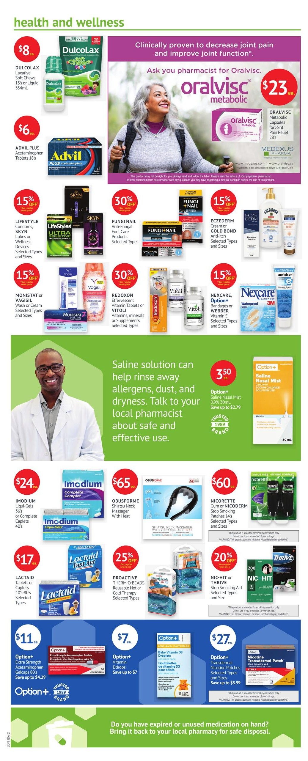 Guardian Pharmacy weekly flyer specials page 2 features health and wellness products. Promotions include Dulcolax Soft Chews or Liquid for $8, Advil Plus Acetaminophen Tablets 18's for $6, and Oralvisc Metabolic Capsules for joint pain relief at $23. Also featured are Lifestyle condoms, SKYN lubes or wellness devices with 15% off, Fungi Nail Anti-Fungal Foot Care Products with 30% off, and Eczederm Cream or Gold Bond Anti-Itch products with 15% off. Monistat or Vagisil Wash or Cream are 15% off, Redoxone Effervescent Vitamin Tablets or Vitoli Vitamins, minerals or supplements are 30% off, and Nexcare Bandages or Webber Vitamin E are 15% off. Option+ Saline Nasal Mist is $3.50. Other deals include Imodium Liqui-Gels or Complete Caplets for $24, Obusforme Shiatsu Neck Massager with Heat for $65, and Nicorette Gum or Nicoderm Stop Smoking Patches 14's for $60. Lactaid Tablets or Caplets 40's-80's are $17. Proactive Therm-O-Beads Reusable Hot or Cold Therapy products have 25% off. Nic-Hit or Thrive Stop Smoking Aid products are 20% off. Option+ Extra Strength Acetaminophen Gelcaps 80's are $11, Option+ Vitamin Ddrops are $7, and Option+ Nicotine Transdermal Patches are $27. The page also promotes saline solutions for allergy relief and safe disposal of unused medication.