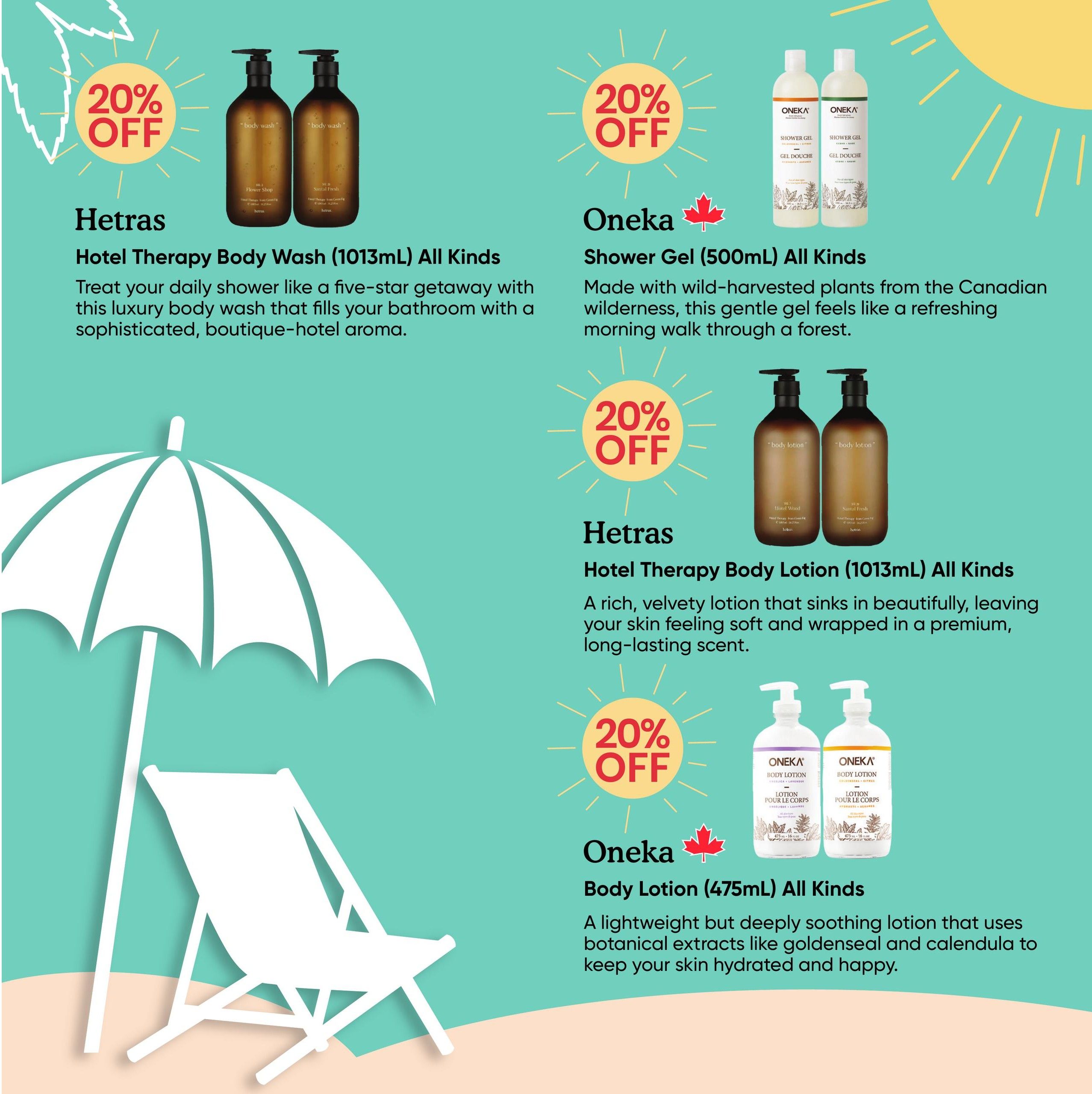 Healthy Planet flyer specials page 6 features 20% off select body care products. Hetras Hotel Therapy Body Wash (1013mL) in all kinds is described as a luxurious body wash for a sophisticated aroma. Oneka Shower Gel (500mL) in all kinds is made with wild-harvested plants for a refreshing forest-like scent. Hetras Hotel Therapy Body Lotion (1013mL) in all kinds is a rich, velvety lotion for a long-lasting scent. Oneka Body Lotion (475mL) in all kinds is a lightweight, soothing lotion with botanical extracts like goldenseal and calendula for hydrated skin.
