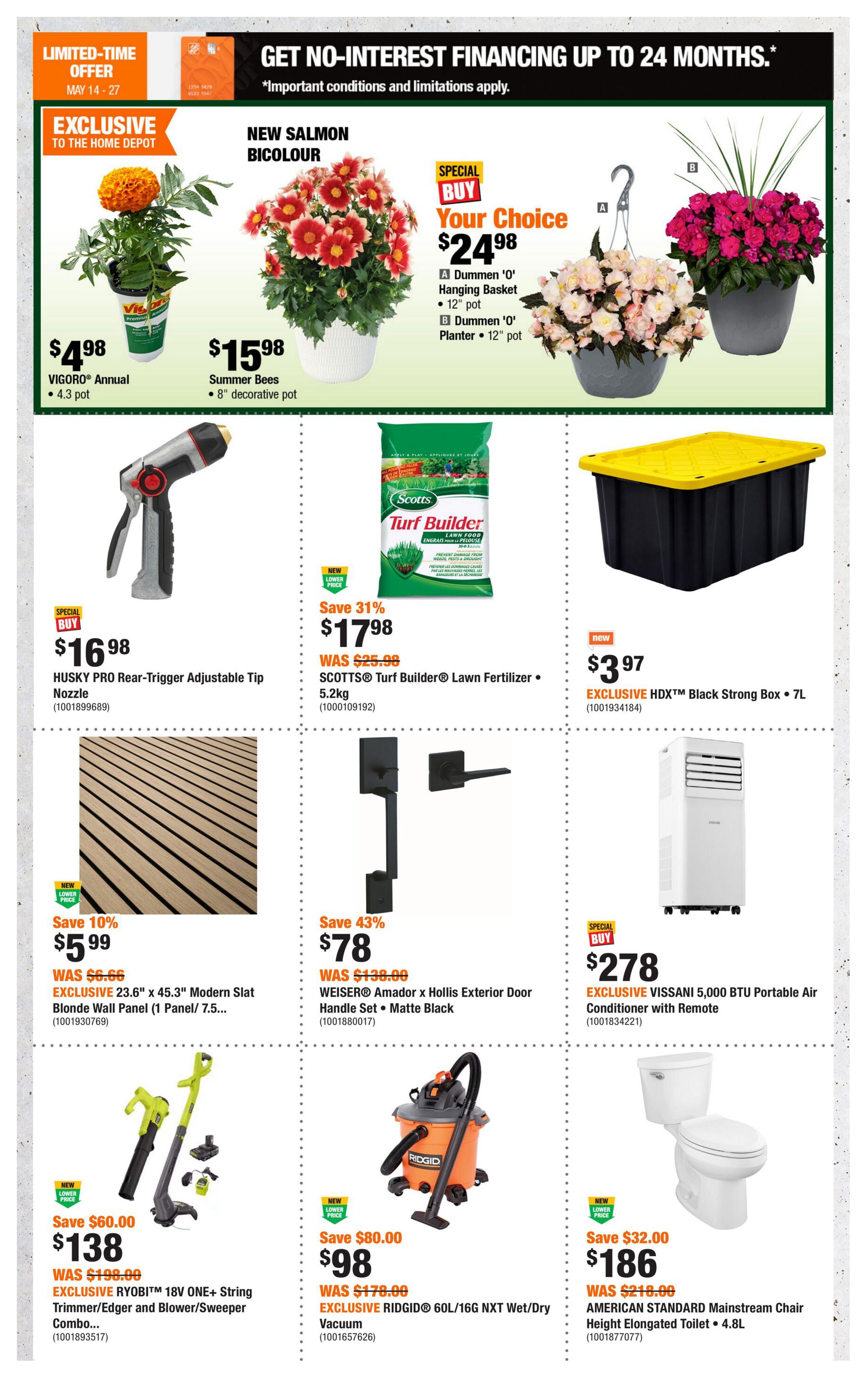 Home Depot flyer page 2 features a limited-time offer for no-interest financing up to 24 months. Featured products include a VIGORO Annual 4.3' pot for $4.98, a Summer Bees 8' decorative pot for $15.98, and a 'Your Choice' Dummen 'O' Hanging Basket or Planter (12' pot) for a special buy of $24.98. Also available is a HUSKY PRO Rear-Trigger Adjustable Tip Nozzle for $16.98, SCOTTS® Turf Builder® Lawn Fertilizer (5.2kg) on sale for $17.98 (save 31%), and an EXCLUSIVE HDX™ Black Strong Box • 7L for $3.97. Home decor items include EXCLUSIVE 23.6' x 45.3' Modern Slat Blonde Wall Panel (1 Panel/ 7.5' thick) for $5.99 (save 10%) and WEISER® Amador x Hollis Exterior Door Handle Set • Matte Black for $78 (save 43%). Outdoor and home appliances include an EXCLUSIVE RYOBI™ 18V ONE+ String Trimmer/Edger and Blower/Sweeper Combo for $138 (save $60.00), an EXCLUSIVE RIDGID® 60L/16G NXT Wet/Dry Vacuum for $98 (save $80.00), an EXCLUSIVE VISSANI 5,000 BTU Portable Air Conditioner with Remote for $278, and an AMERICAN STANDARD Mainstream Chair Height Elongated Toilet • 4.8L for $186 (save $32.00).