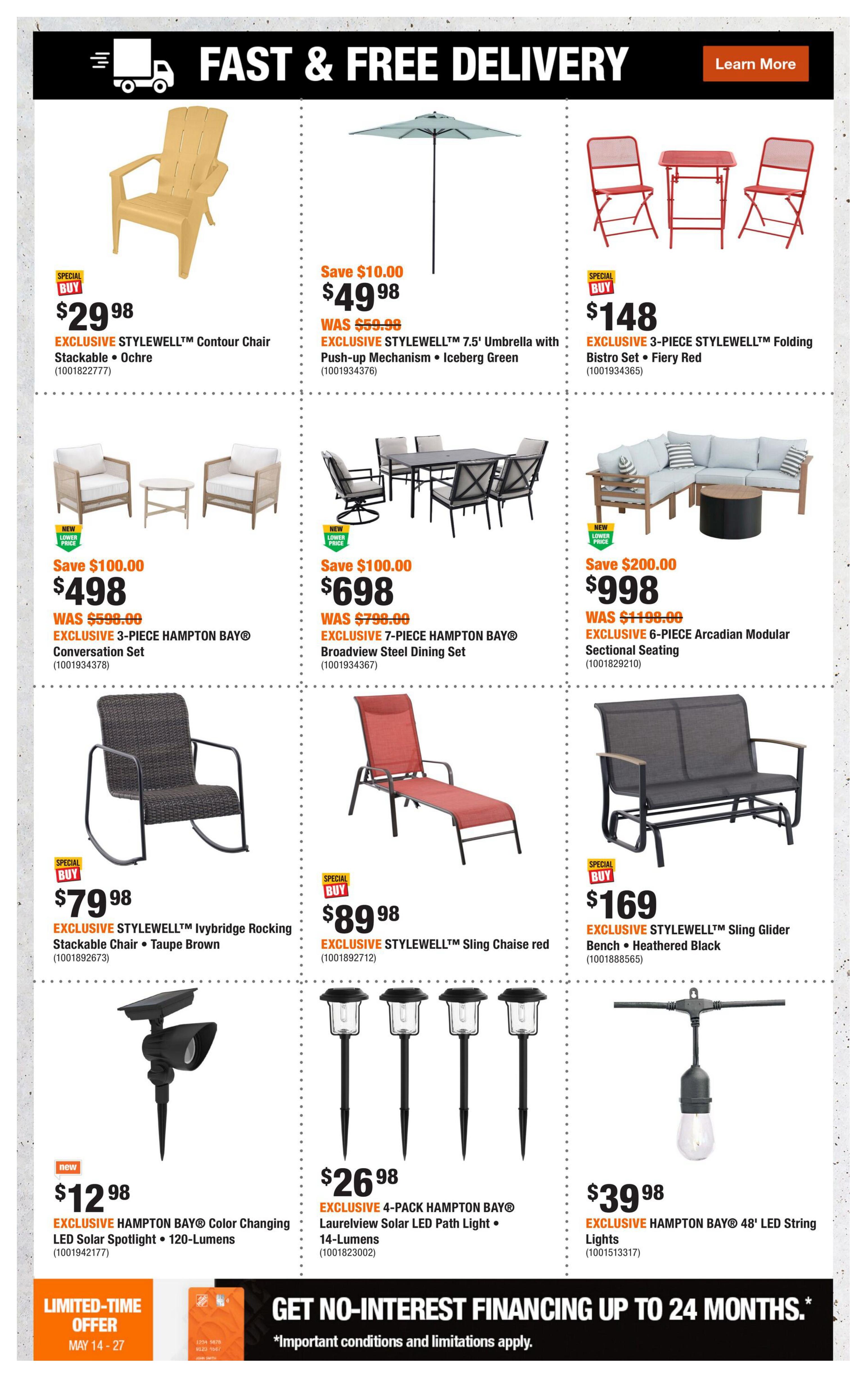 Home Depot flyer page 7 featuring outdoor furniture and lighting. Offers include an EXCLUSIVE STYLEWELL Contour Chair in Oche for $29.98, an EXCLUSIVE STYLEWELL 7.5' Umbrella with Push-up Mechanism in Iceberg Green for $49.98 (save $10.00), and an EXCLUSIVE 3-PIECE STYLEWELL Folding Bistro Set in Fiery Red for $148. Also featured are an EXCLUSIVE HAMPTON BAY Conversation Set for $498 (save $100.00), an EXCLUSIVE HAMPTON BAY Broadview Steel Dining Set for $698 (save $100.00), and an EXCLUSIVE 6-PIECE Arcadian Modular Sectional Seating for $998 (save $200.00). Additional items include an EXCLUSIVE STYLEWELL Ivybridge Rocking Stackable Chair in Taupe Brown for $79.98, an EXCLUSIVE STYLEWELL Sling Chaise in red for $89.98, and an EXCLUSIVE STYLEWELL Sling Glider Bench in Heathered Black for $169. Lighting options include an EXCLUSIVE HAMPTON BAY Color Changing LED Solar Spotlight for $12.98, an EXCLUSIVE 4-PACK HAMPTON BAY Laurelview Solar LED Path Light set for $26.98, and EXCLUSIVE HAMPTON BAY 48' LED String Lights for $39.98. The page also highlights fast and free delivery and a limited-time offer for no-interest financing up to 24 months from May 14-27.