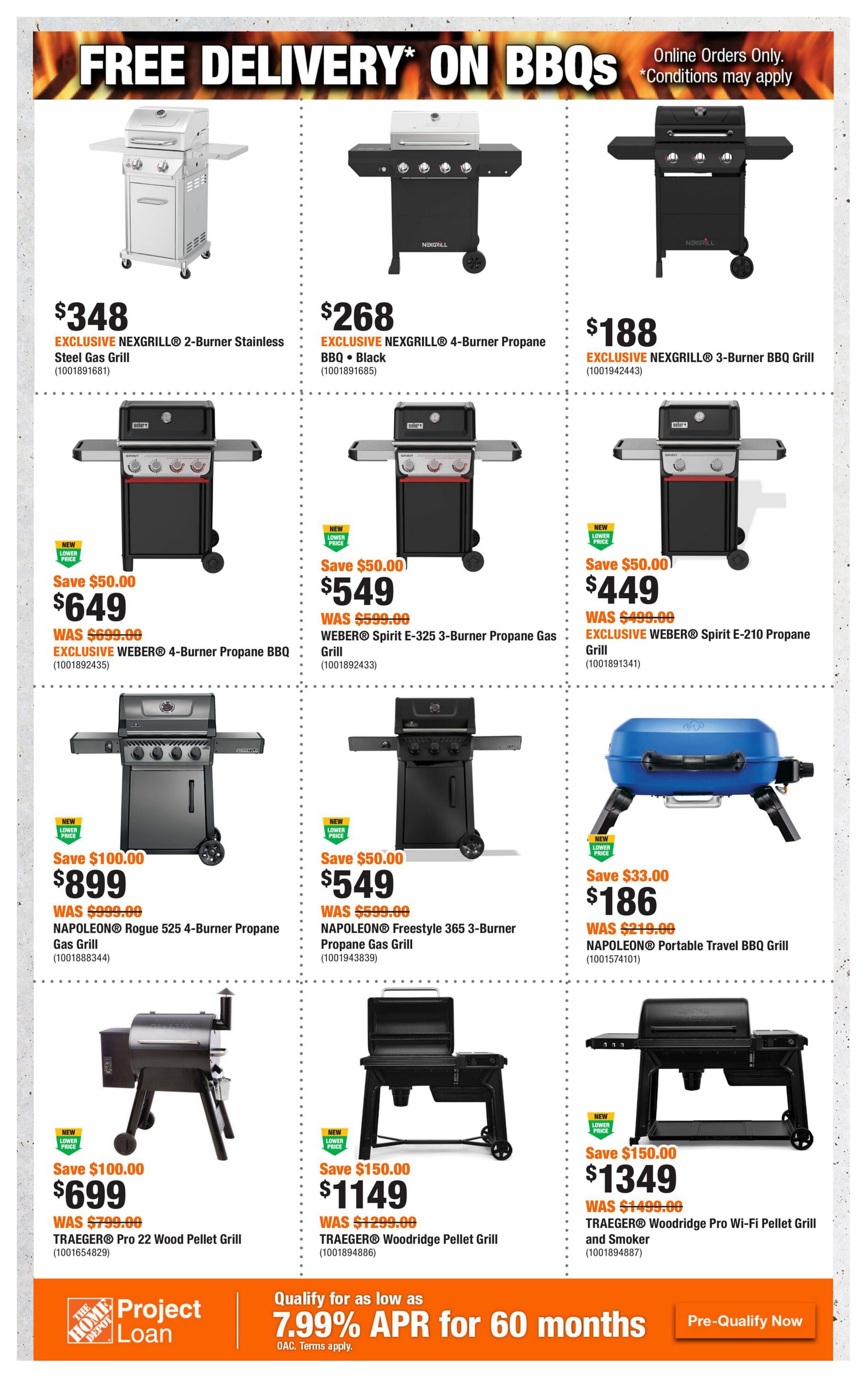 Home Depot flyer page 8 featuring a selection of BBQs with free delivery on online orders. Products include the EXCLUSIVE NEXGRILL® 2-Burner Stainless Steel Gas Grill for $348, EXCLUSIVE NEXGRILL® 4-Burner Propane BBQ in Black for $268, and EXCLUSIVE NEXGRILL® 3-Burner BBQ Grill for $188. Also featured are the WEBER® 4-Burner Propane BBQ for $649 (save $50.00), WEBER® Spirit E-325 3-Burner Propane Gas Grill for $549 (save $50.00), and EXCLUSIVE WEBER® Spirit E-210 Propane Gas Grill for $449 (save $50.00). Other grills on sale are the NAPOLEON® Rogue 525 4-Burner Propane Gas Grill for $899 (save $100.00), NAPOLEON® Freestyle 365 3-Burner Propane Gas Grill for $549 (save $50.00), and NAPOLEON® Portable Travel BBQ Grill for $186 (save $33.00). Wood pellet grills include the TRAEGER® Pro 22 Wood Pellet Grill for $699 (save $100.00) and TRAEGER® Woodridge Pellet Grill for $1149 (save $150.00). The TRAEGER® Woodridge Pro Wi-Fi Pellet Grill and Smoker is available for $1349 (save $150.00). The page also advertises Project Loan with 7.99% APR for 60 months.