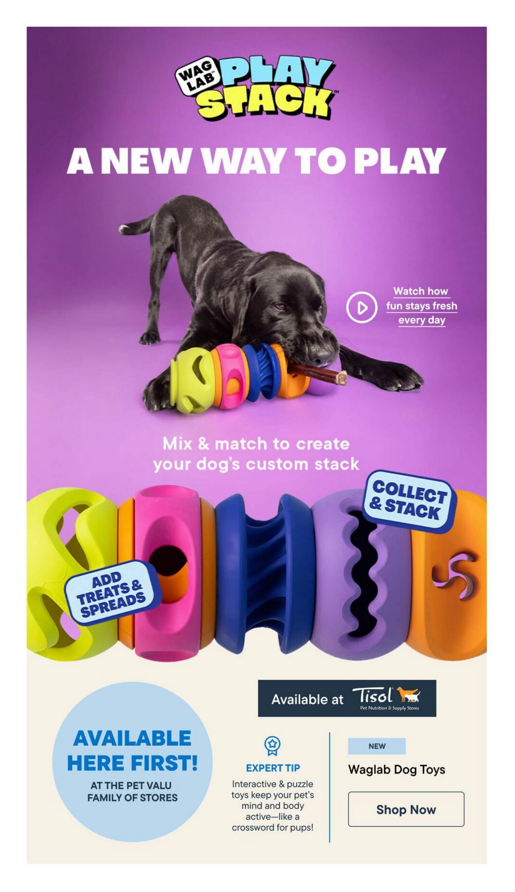 Tisol Pet Nutrition flyer, page 2. Features Wag Lab Play Stack interactive and puzzle dog toys, a new way to play that keeps dogs' minds and bodies active. The toys can be mixed and matched to create a custom stack and are designed to add treats and spreads. Available exclusively at the Pet Valu family of stores. Includes an expert tip about interactive toys and a 'Shop Now' button for Waglab Dog Toys.