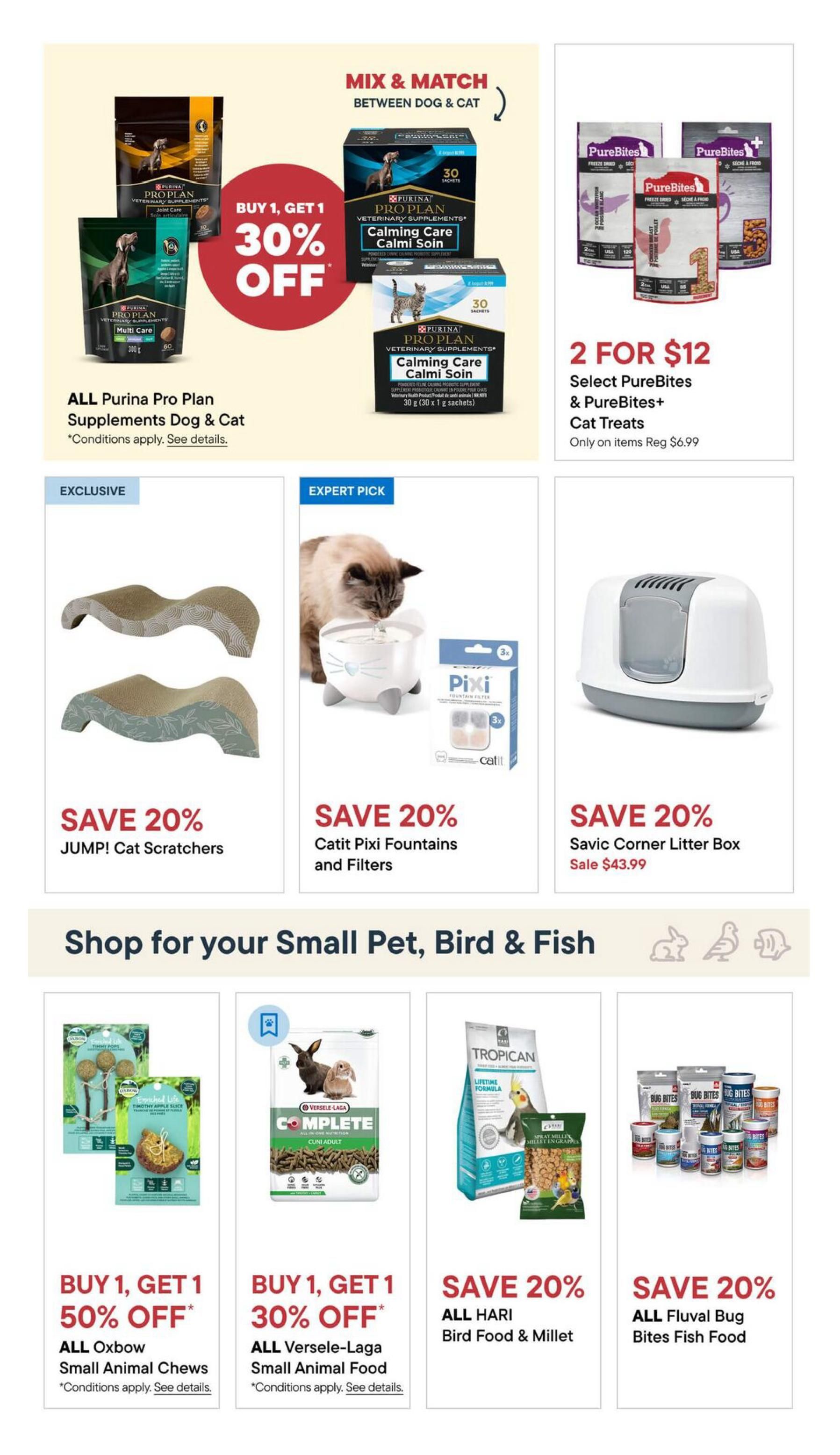 Tisol Pet Nutrition flyer page 10 features a mix and match offer: Buy 1, Get 1 30% off ALL Purina Pro Plan Supplements Dog & Cat, including Calming Care. Also available is a 2 for $12 deal on select PureBites & PureBites+ Cat Treats. Exclusive offers include SAVE 20% on JUMPI! Cat Scratchers. Expert picks include SAVE 20% on Catit Pixi Fountains and Filters, and SAVE 20% on Savic Corner Litter Box for $43.99. The flyer also highlights deals for small pets, birds, and fish: BUY 1, GET 1 50% off ALL Oxbow Small Animal Chews, BUY 1, GET 1 30% off ALL Versele-Laga Small Animal Food, SAVE 20% on ALL HARI Bird Food & Millet, and SAVE 20% on ALL Fluval Bug Bites Fish Food.