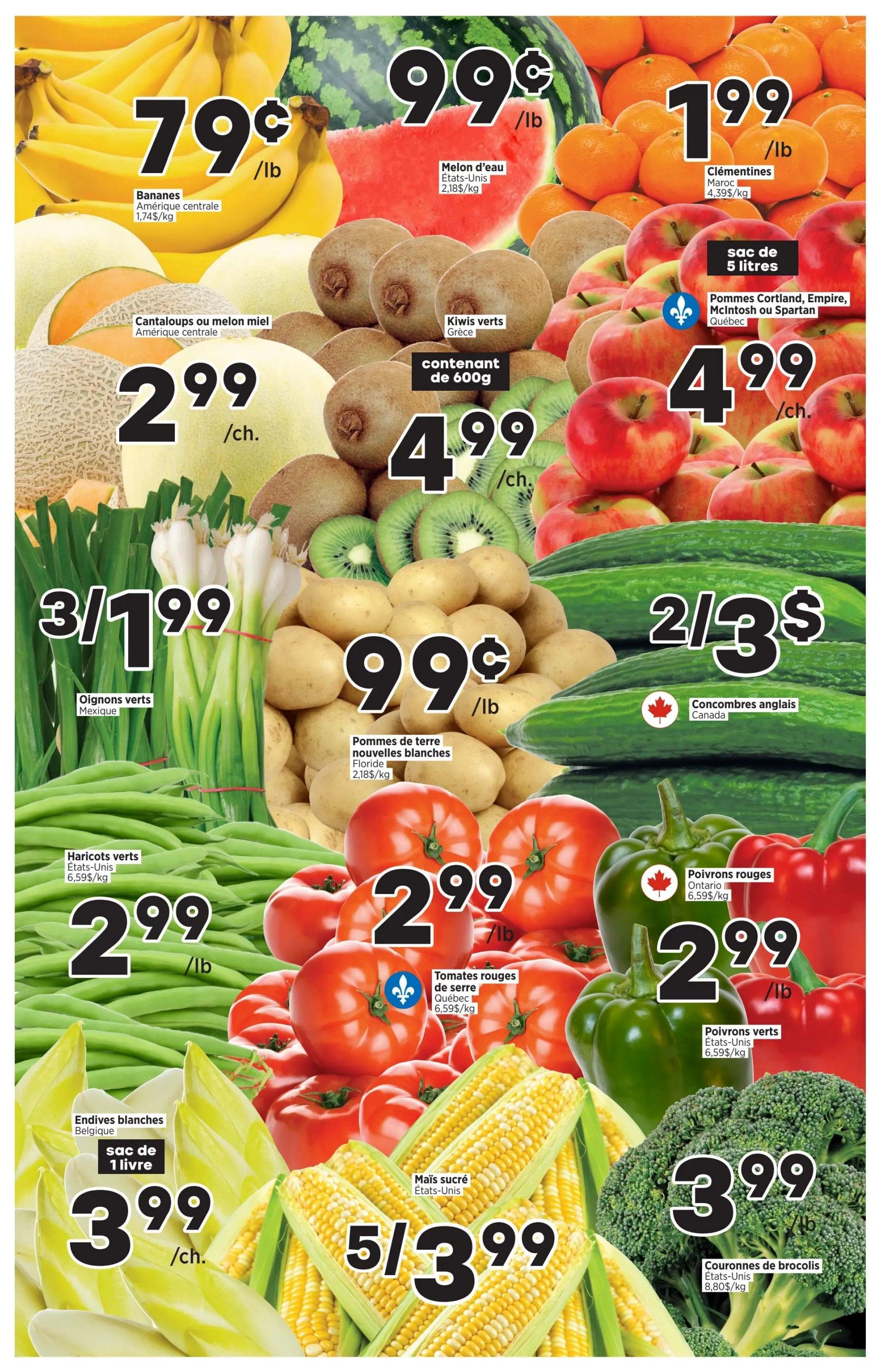 Valmont weekly flyer specials page 2 features a variety of fresh produce. Get bananas for $0.79/lb, watermelon for $0.99/lb, and clementines for $1.99/lb. Cantaloups or honeydew melons are $2.99 each. Green kiwis are $4.99 for a 600g container. A 5-litre bag of Cortland, Empire, McIntosh, or Spartan apples is $4.99. Green onions from Mexico are 3 for $1.99. New white potatoes from Florida are $0.99/lb. Green beans from the USA are $2.99/lb. English cucumbers from Canada are 2 for $3. Red greenhouse tomatoes from Quebec are $2.99/lb. Red bell peppers from Ontario are $2.99/lb, and green bell peppers from the USA are $2.99/lb. White endives from Belgium are $3.99 per bag. Sweet corn from the USA is 5 for $3.99. Broccoli crowns from the USA are $3.99/lb.