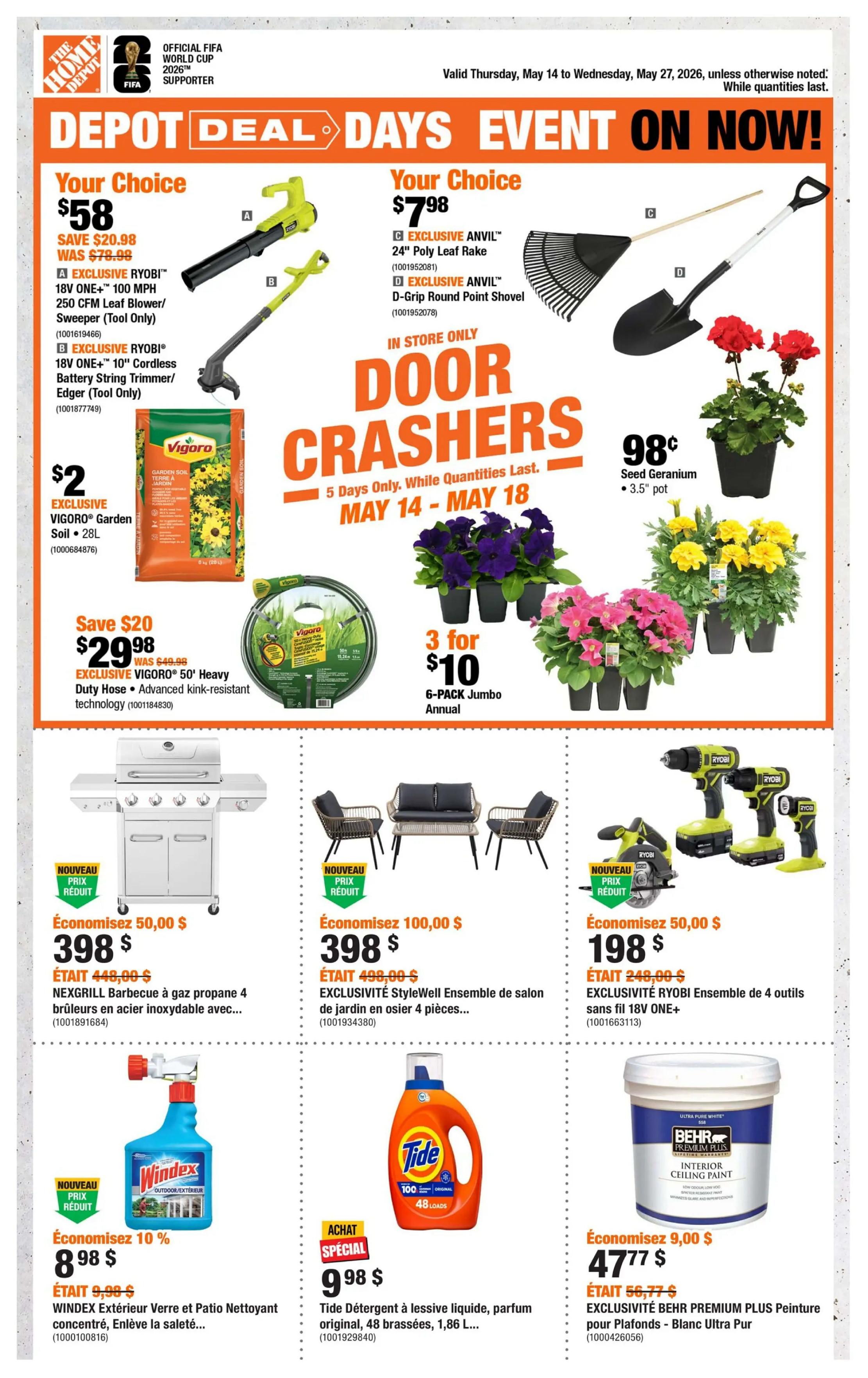 Home Depot flyer page featuring 'Depot Deal Days Event On Now!' with various deals. Top section highlights 'Your Choice' items: a RYOBI 18V ONE+ 100 MPH 250 CFM Leaf Blower/Sweeper for $58 (save $20.98), and a RYOBI 18V ONE+ 10' Cordless Battery String Trimmer/Edger for $58. Also featured are EXCLUSIVE ANVIL tools: a 24' Poly Leaf Rake for $7.98 and a D-Grip Round Point Shovel for $7.98. Other deals include Vigoro Garden Soil (28L) for $2, a Vigoro 50' Heavy Duty Kink-Resistant Hose for $29.98 (save $20), 3-packs of 6-pack Jumbo Annuals for $10, and Seed Geraniums in 3.5' pots for $0.98. Mid-section showcases a NEXGRILL 4-burner stainless steel propane BBQ for $398 (save $50), a StyleWell 4-piece wicker patio set for $398 (save $100), and a RYOBI 4-tool 18V ONE+ cordless combo kit for $198 (save $50). Lower section features Windex Outdoor Glass and Patio Cleaner on sale for $8.98 (save 10%), Tide Detergent (1.86L) for $9.98, and BEHR PREMIUM PLUS Interior Ceiling Paint for $47.77 (save $9.00).