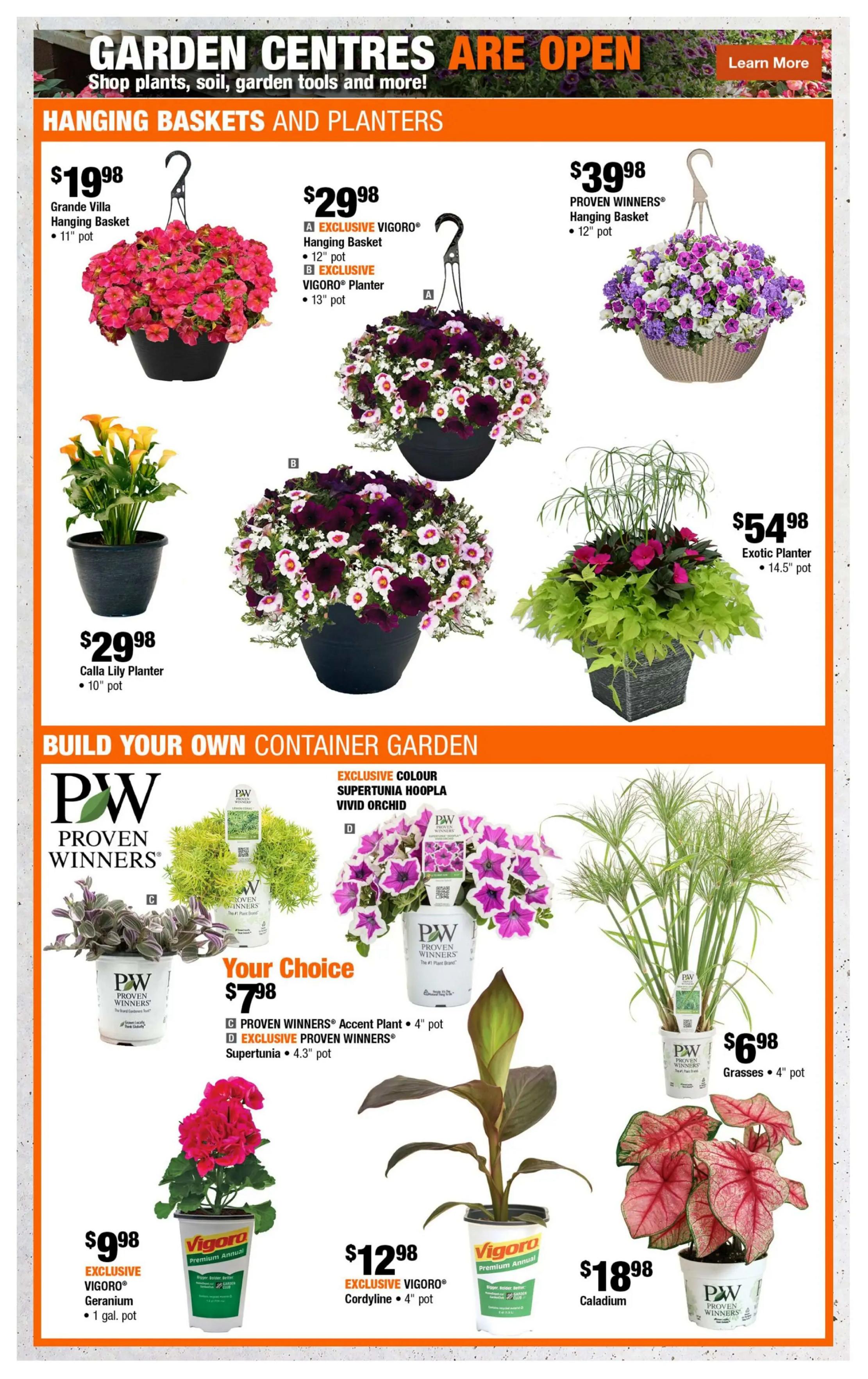 Home Depot flyer page 3 featuring garden centre specials. Hanging baskets and planters include Grande Villa Hanging Basket for $19.98 (11' pot), EXCLUSIVE VIGORO Hanging Basket for $29.98 (12' pot) and VIGORO Planter for $29.98 (13' pot), and PROVEN WINNERS Hanging Basket for $39.98 (12' pot). Also available is a Calla Lily Planter for $29.98 (10' pot) and an Exotic Planter for $54.98 (14.5' pot). The 'Build Your Own Container Garden' section showcases various plants: EXCLUSIVE COLOUR Supertunia Hoopla Vivid Orchid, PROVEN WINNERS Accent Plant for your choice of $7.98 (4' pot), EXCLUSIVE PROVEN WINNERS Supertunia for your choice of $7.98 (4.3' pot), EXCLUSIVE VIGORO Geranium for $9.98 (1 gal. pot), EXCLUSIVE VIGORO Cordyline for $12.98 (4' pot), Caladium for $18.98, and Grasses for $6.98 (4' pot).