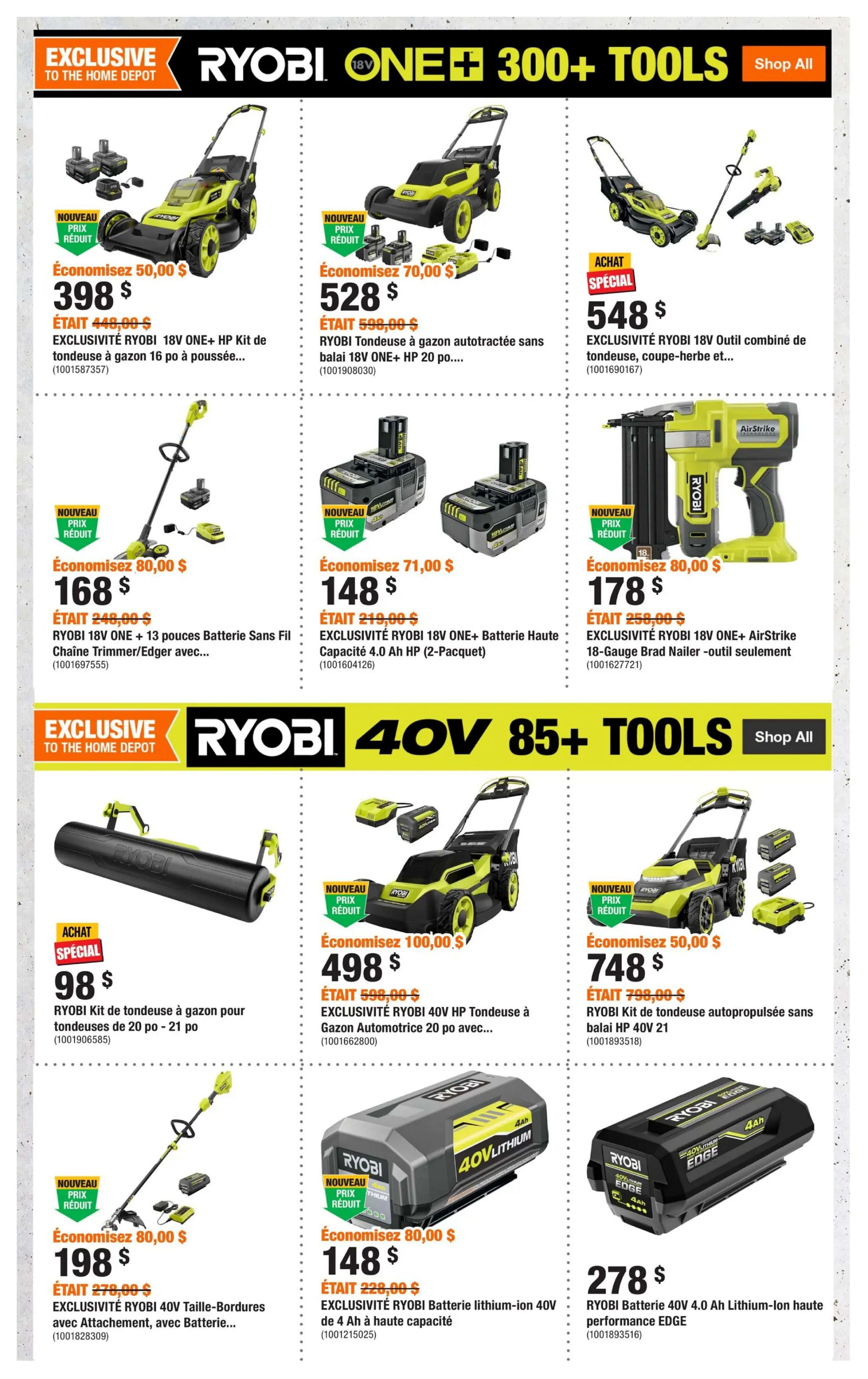 Home Depot flyer page 5 featuring Ryobi ONE+ 300+ Tools and Ryobi 40V 85+ Tools. Top row includes: Ryobi 18V ONE+ HP Kit with 16-inch mower for $398, saving $50; Ryobi 18V ONE+ HP 20-inch self-propelled mower for $528, saving $70; and a Ryobi 18V tool combo kit with mower and trimmer for $548. Second row features: Ryobi 18V ONE+ 13-inch cordless trimmer/edger for $168, saving $80; Ryobi 18V ONE+ 4.0 Ah HP battery (2-pack) for $148, saving $71; and a Ryobi 18V ONE+ AirStrike 18-gauge Brad Nailer for $178, saving $80. Bottom row showcases: Ryobi 20-21 inch mower kit for $98; Ryobi 40V HP 20-inch self-propelled mower for $498, saving $100; Ryobi 40V 21-inch self-propelled mower for $748, saving $50; Ryobi 40V trimmer/edger with attachment and battery for $198, saving $80; Ryobi 40V lithium-ion 4.0 Ah battery for $148, saving $80; and Ryobi 40V 4.0 Ah Lithium-ion EDGE battery for $278.