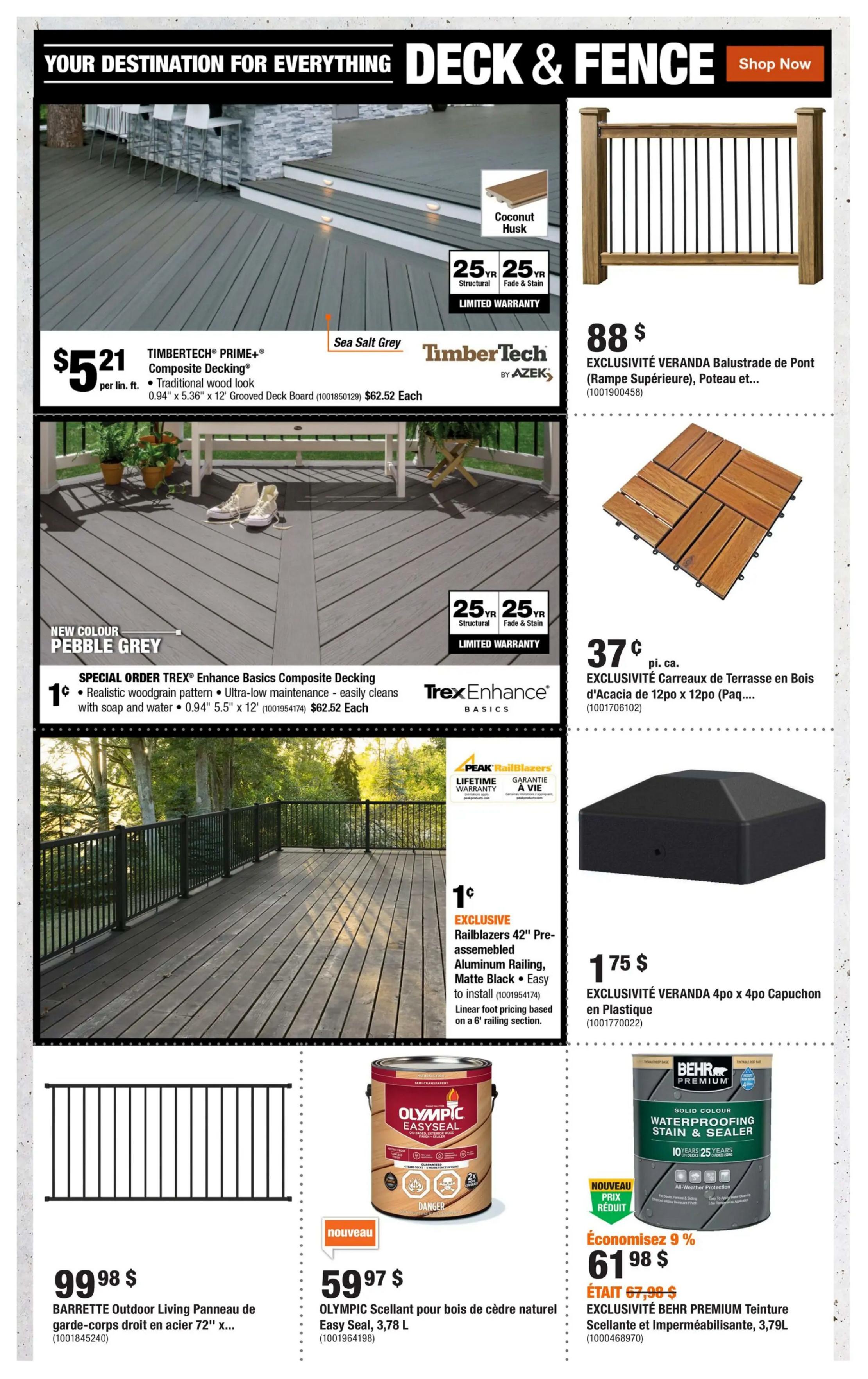 Home Depot flyer page 9 featuring deck and fence supplies. Top left shows TimberTech Prime+ Composite Decking in Sea Salt Grey for $5.21 per linear foot, with a 0.94' x 5.36' x 12' grooved deck board priced at $62.52 each. Next to it, a wooden railing system is shown with a price of $88 for an EXCLUSIVITÉ VERANDA Balustrade de Pont (Ramp Supérieure), Poteau et... (1001900458). Below the TimberTech decking, TREX Enhance Basics Composite Decking in the new colour Pebble Grey is available for special order at 1¢, described as having a realistic woodgrain pattern, ultra-low maintenance, and easy cleaning with soap and water. The board size is 0.94' x 5.5' x 12' (1001954174) for $62.52 each. To the right, EXCLUSIVITÉ Carrea ux de Terrasse en Bois d'Acacia tiles are priced at $0.37 each, with dimensions of 12po x 12po (1001706102). Below that, an EXCLUSIVITÉ VERANDA 4po x 4po Capuchon en Plastique (plastic post cap) is $1.75 (1001770022). The bottom left features BARRETTE Outdoor Living Panneau de garde-corps droit en acier 72' x... (1001845240) for $99.98. Next to it, OLYMPIC Scellant pour bois de cèdre naturel Easy Seal, 3.78 L (1001964198) is $59.97. The bottom right showcases EXCLUSIVITÉ BEHR PREMIUM Teinture Scellante et Impermeabilisante, 3.79L (1000468970) on sale for $61.98, down from $67.98, a saving of 9%.