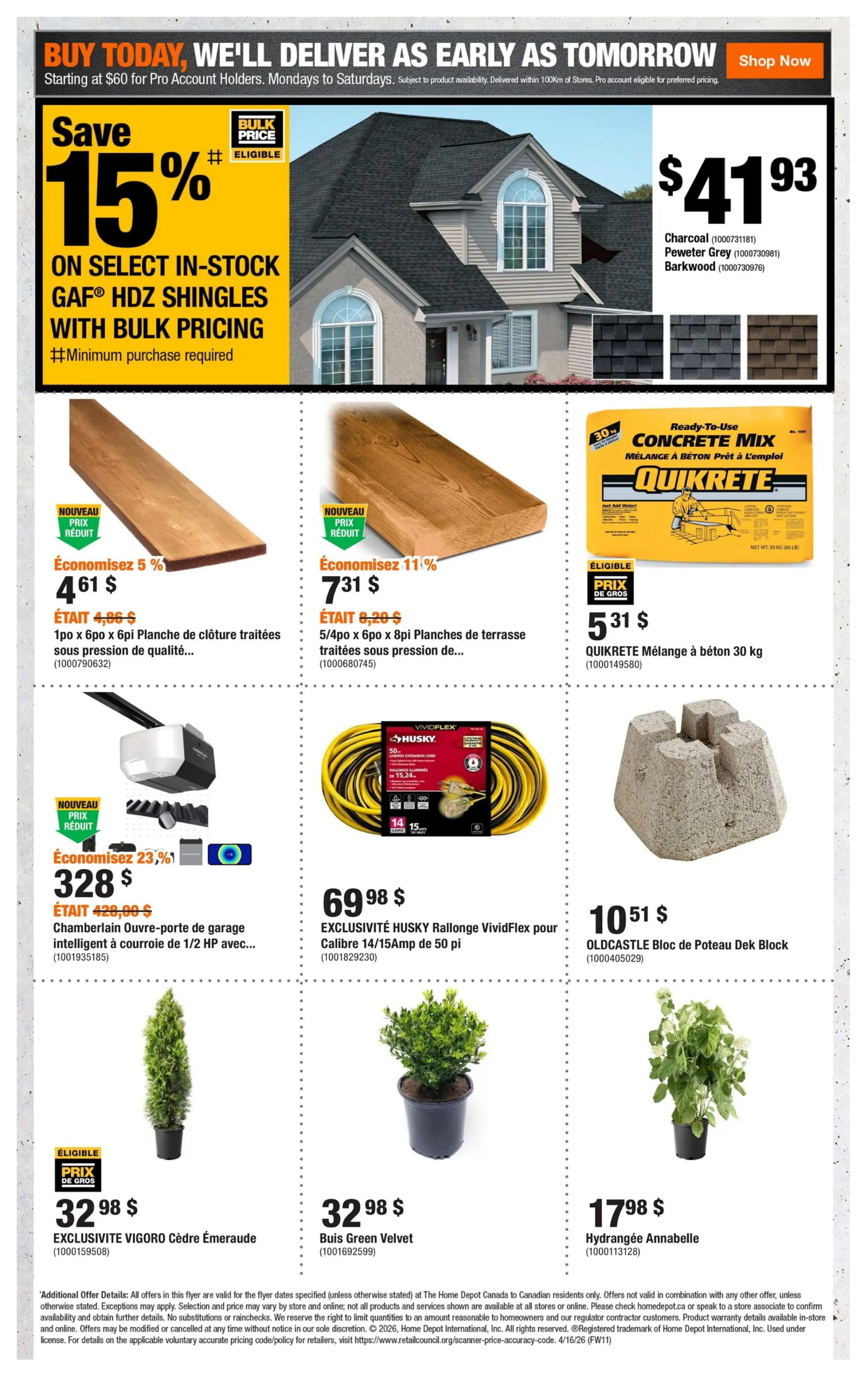 Home Depot flyer page 11 features a 15% discount on select in-stock GAF HDZ shingles with bulk pricing. Also available are 1' x 6' x 6' treated fencing boards for $4.61, saving 5%, and 5/4' x 6' x 8' treated deck boards for $7.31, saving 11%. Quikrete concrete mix (30 kg) is on sale for $5.31. A Chamberlain garage door opener is priced at $328, with a 23% saving. The Husky VividFlex 50-ft, 14/15 Amp extension cord is $69.98. An Oldcastle concrete deck block is $10.51. Featured plants include the EXCLUSIVE VIGORO Cedar Émeraude for $32.98, Buis Green Velvet for $32.98, and Hydrangée Annabelle for $17.98.