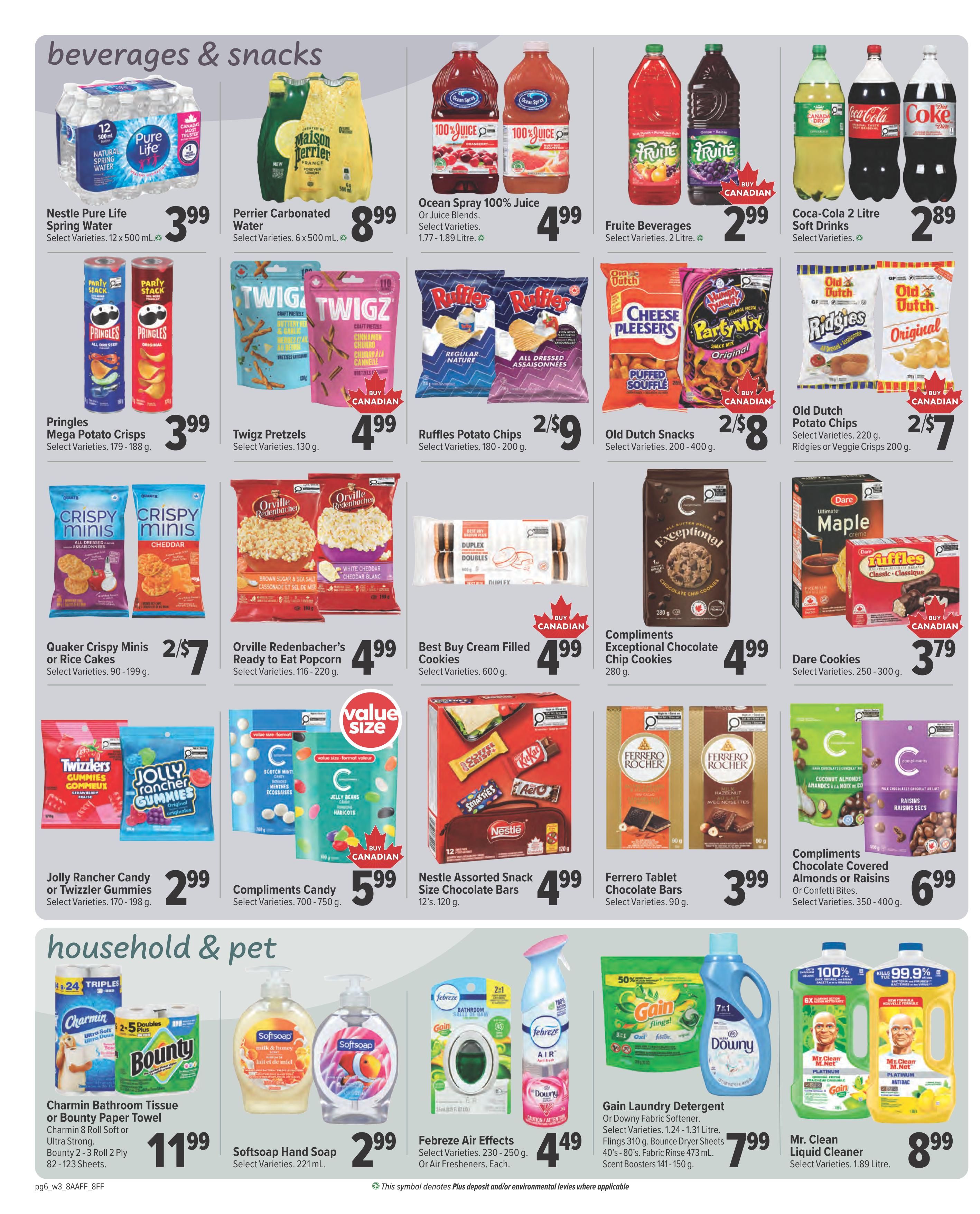 Family Foods weekly flyer specials page 6 features beverages and snacks including Nestle Pure Life Spring Water for $3.99, Perrier Carbonated Water for $8.99, Ocean Spray 100% Juice for $4.99, Fruite Beverages for $2.99, and Coca-Cola 2 Litre Soft Drinks for $2.89. Also available are Pringles Mega Potato Crisps for $3.99, Twigz Pretzels for $4.99, Ruffles Potato Chips 2 for $9, Old Dutch Snacks 2 for $8, and Old Dutch Potato Chips 2 for $7. Sweet treats include Quaker Crispy Minis or Rice Cakes 2 for $7, Orville Redenbacher's Ready to Eat Popcorn for $4.99, Best Buy Cream Filled Cookies for $4.99, Compliments Exceptional Chocolate Chip Cookies for $4.99, Dare Cookies for $3.79, Jolly Rancher Candy or Twizzler Gummies for $2.99, Compliments Candy for $5.99, Nestle Assorted Snack Size Chocolate Bars for $4.99, Ferrero Tablet Chocolate Bars for $3.99, and Compliments Chocolate Covered Almonds or Raisins or Confetti Bites for $6.99. The household & pet section includes Charmin Bathroom Tissue or Bounty Paper Towel for $11.99, Softsoap Hand Soap for $2.99, Febreze Air Effects for $4.49, Gain Laundry Detergent or Downy Fabric Softener for $7.99, and Mr. Clean Liquid Cleaner for $8.99.