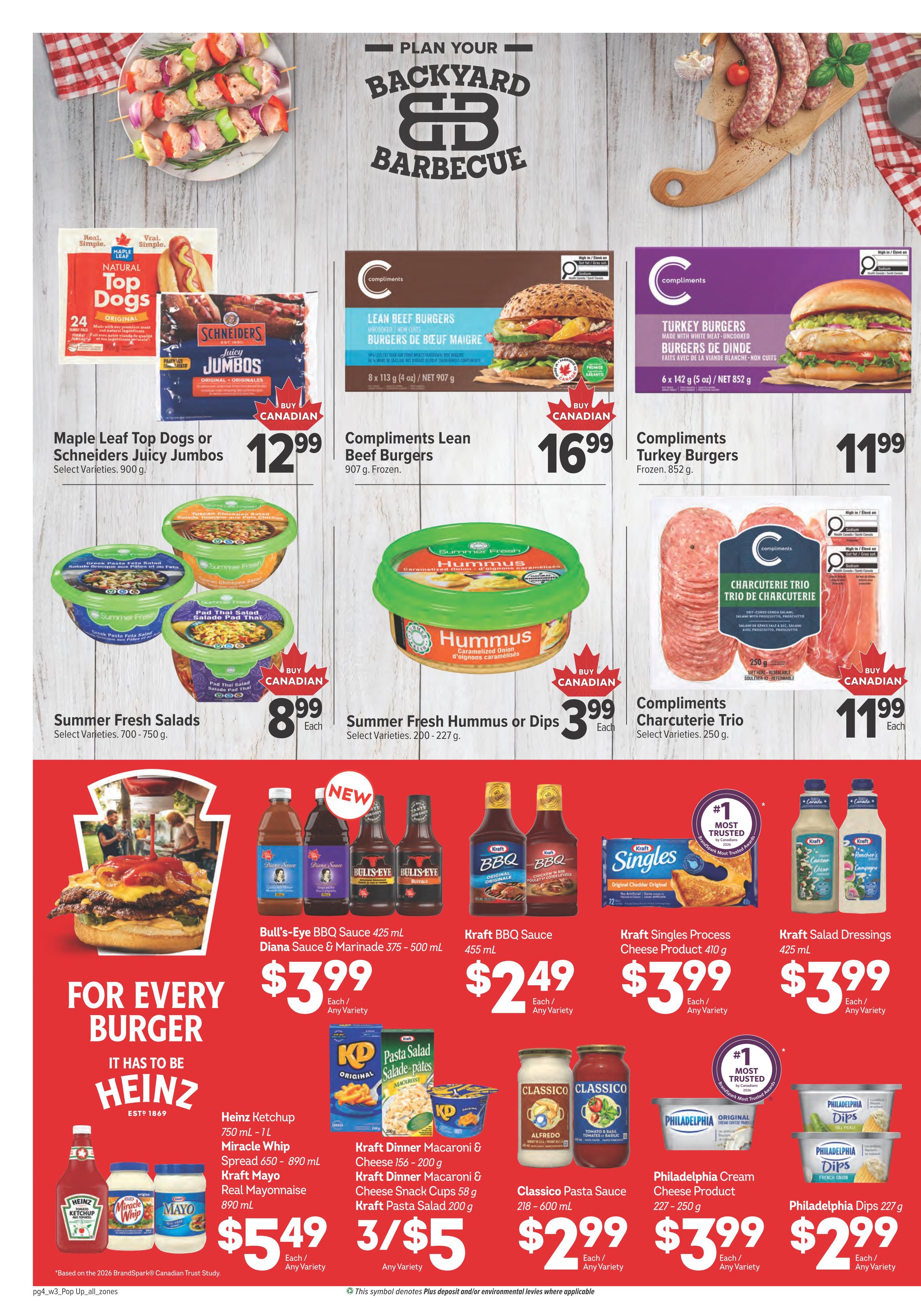 Family Foods weekly flyer specials page 12 features a variety of barbecue and burger essentials. Top deals include Maple Leaf Top Dogs or Schneiders Juicy Jumbos for $12.99, Compliments Lean Beef Burgers for $16.99, and Compliments Turkey Burgers for $11.99. Also featured are Summer Fresh Salads for $8.99 and Summer Fresh Hummus or Dips for $3.99. For every burger, Heinz products are highlighted with Heinz Ketchup, Miracle Whip, and Kraft Mayo for $5.49. Kraft BBQ Sauce is on sale for $2.49, Kraft Singles Process Cheese Product for $3.99, and Kraft Salad Dressings for $3.99. Additionally, enjoy Classico Pasta Sauce for $2.99, Philadelphia Cream Cheese for $3.99, and Philadelphia Dips for $2.99. Kraft Dinner Macaroni & Cheese Cups and Kraft Pasta Salad are available for 3 for $5.