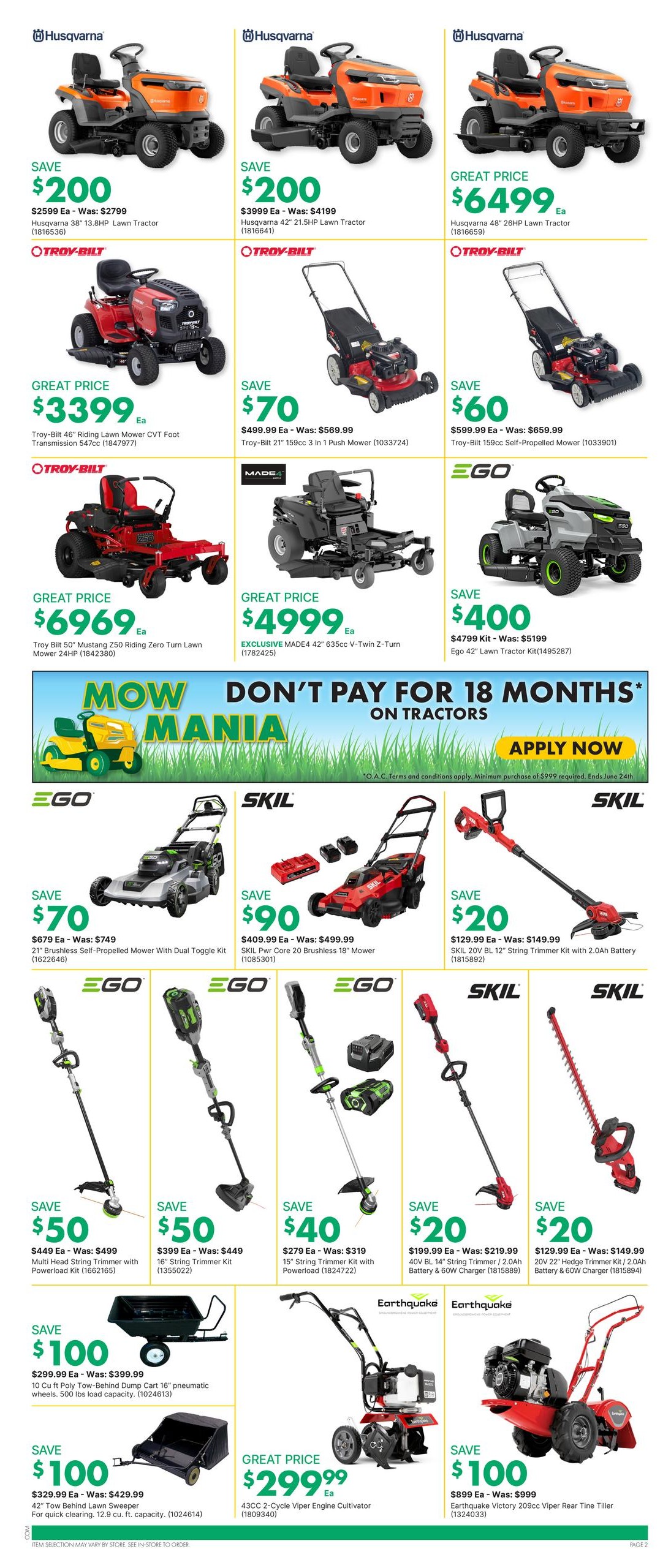 Kent weekly flyer specials page 4 features a wide selection of lawn care equipment. Save $200 on Husqvarna 42' 21.5HP Lawn Tractor, originally $2799. Also save $200 on Husqvarna 38' 13.8HP Lawn Tractor, originally $4199. Troy-Bilt 46' Riding Lawn Mower CVT Foot Transmission 547cc is on Great Price for $3399. Save $70 on Troy-Bilt 21' 159cc 3 in 1 Push Mower, was $569.99. Save $60 on Troy-Bilt 159cc Self-Propelled Mower, was $659.99. Save $400 on EGO 42' Lawn Tractor Kit, was $5199. The page also highlights 'Mow Mania' with a special offer: Don't pay for 18 months on tractors. Apply now. Save $70 on EGO 21' Brushless Self-Propelled Mower with Dual Toggle Kit, was $749. Save $90 on SKIL Pwr Core 20 Brushless 18' Mower, was $499.99. Save $50 on EGO Multi Head String Trimmer with Powerload Kit, was $499. Save $50 on EGO 16' String Trimmer Kit, was $449. Save $40 on SKIL 15' String Trimmer Kit with Powerload, was $319. Save $20 on EGO 40V BL 14' String Trimmer/2.0Ah Battery & 60W Charger, was $219.99. Save $20 on SKIL 20V 22' Hedge Trimmer Kit/2.0Ah Battery & 60W Charger, was $149.99. Save $100 on 10 Cu Ft Poly Tow-Behind Dump Cart 16' pneumatic wheels, 500 lbs load capacity, was $399.99. Save $100 on 42' Tow Behind Lawn Sweeper, was $329.99. Earthquake 43CC 2-Cycle Viper Engine Cultivator is on Great Price for $299.99. Save $100 on Earthquake Victory 209cc Viper Rear Tine Tiller, was $999.