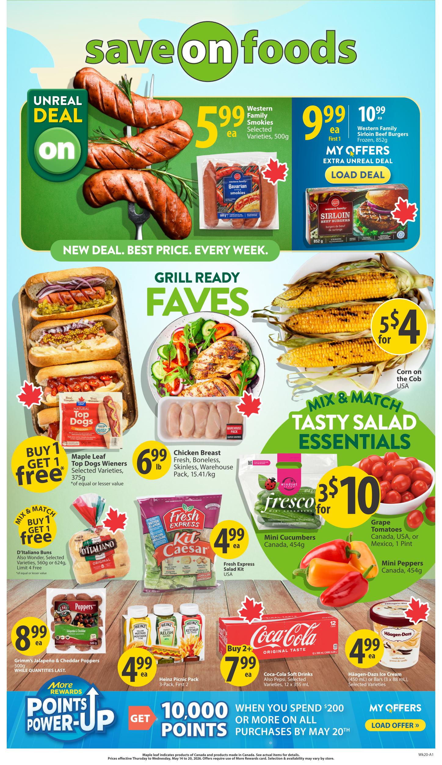 Save-On-Foods weekly flyer specials for British Columbia. Featuring a 3-day sale from May 14-16 with a Buy 1 Get 1 free offer on juicy steaks. The sale includes AAA Western Canadian Beef, such as Rib Eye Steak, Strip Loin, or T-Bone, available fresh in value packs. Mix and match while quantities last.
