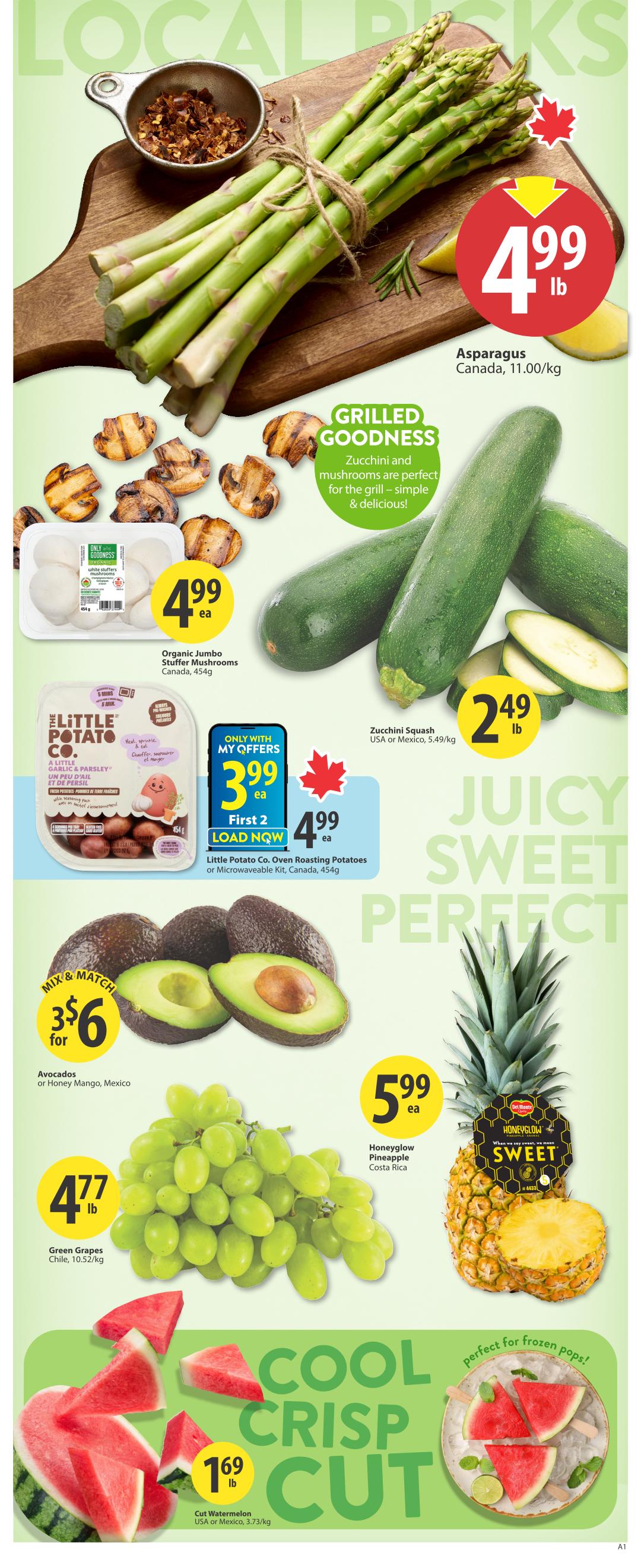 Save-On-Foods weekly flyer specials page 5 features local picks including Asparagus from Canada for $4.99 per lb. Also available are Organic Jumbo Stuffer Mushrooms for $4.99 each, and Zucchini Squash from the USA or Mexico for $2.49 per lb. Little Potato Co. Oven Roasting Potatoes or Microwaveable Kits are on sale for $3.99 each for the first 2 with My Offers, and $4.99 each thereafter. Mix & Match Avocados or Honey Mango from Mexico for 3 for $6. Green Grapes from Chile are $4.77 per lb. Cut Watermelon from the USA or Mexico is $1.69 per lb, perfect for frozen pops. The page highlights 'Grilled Goodness' for zucchini and mushrooms, and 'Cool Crisp Cut' for watermelon.