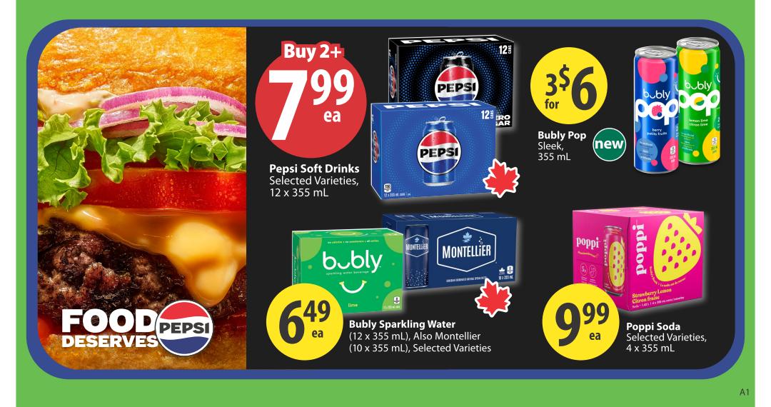 Save-On-Foods weekly flyer specials page 17 features a large image of a juicy burger. Promotions include Pepsi Soft Drinks, 12 x 355 mL, on sale for Buy 2+ at $7.99 each. Bubly Pop Sleek, 355 mL, is available for 3 for $6. Bubly Sparkling Water, 12 x 355 mL, and Montellier Sparkling Water, 10 x 355 mL, selected varieties, are on sale for $6.49 each. Poppi Soda, selected varieties, 4 x 355 mL, is priced at $9.99 each.