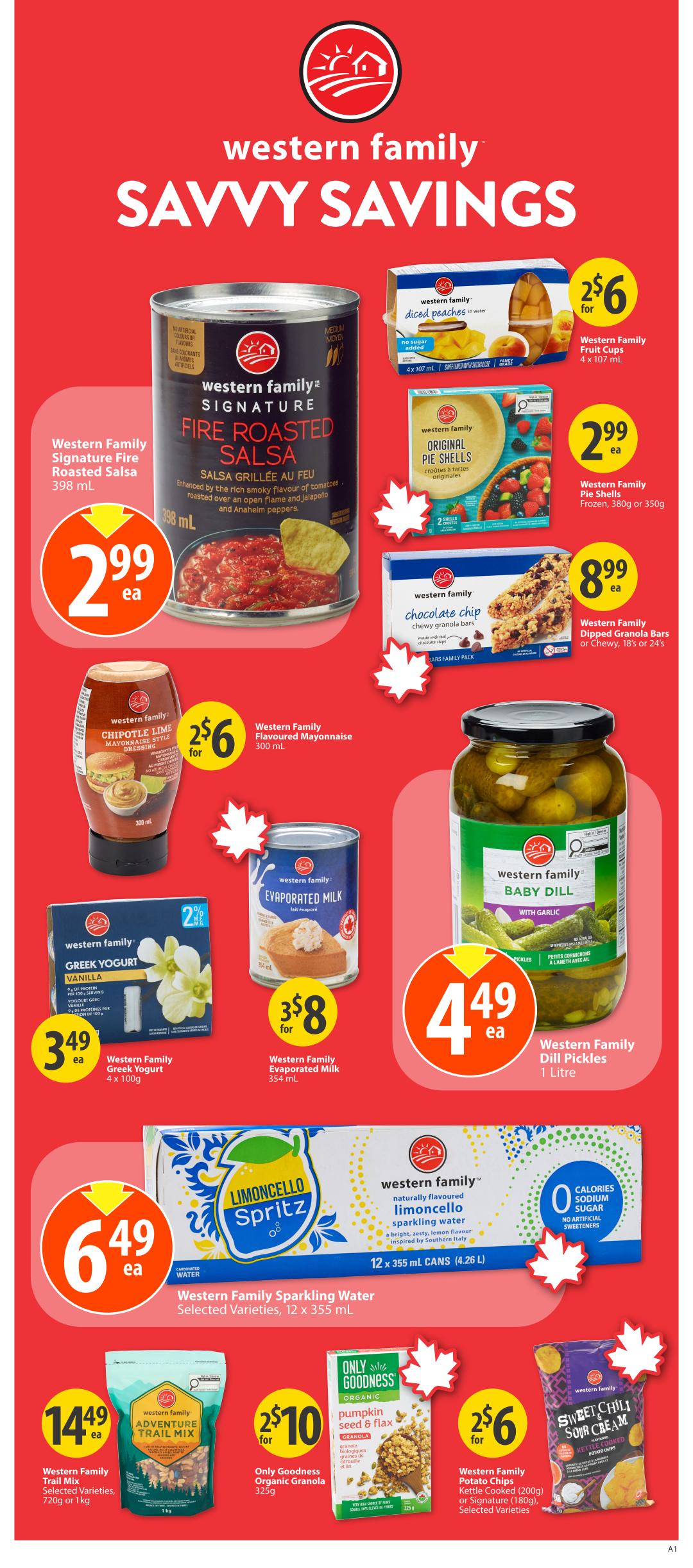 Save-On-Foods weekly flyer specials page 27 features 'Savvy Savings' from Western Family. Highlights include Western Family Signature Fire Roasted Salsa for $2.99, Western Family Diced Peaches (4x107 mL) for 2 for $6, Western Family Original Pie Shells (380g or 355g) for $2.99, and Western Family Dipped Granola Bars (18s or 24s) for $8.99. Also featured are Western Family Chipotle Lime Mayonnaise Style Dressing (300 mL) for 2 for $6, Western Family Greek Yogurt (4x100g) for $3.49, Western Family Evaporated Milk (354 mL) for 3 for $8, and Western Family Baby Dill Pickles (1 Litre) for $4.49. Beverages on sale include Western Family Sparkling Water Limoncello Spritz (12x355 mL cans) for $6.49. Snacks include Western Family Trail Mix (Selected Varieties, 720g or 1kg) for $14.49, Only Goodness Organic Pumpkin Seed & Flax Granola (325g) for 2 for $10, and Western Family Sweet Chili Sour Cream Kettle Cooked Potato Chips (200g or 180g) for 2 for $6.