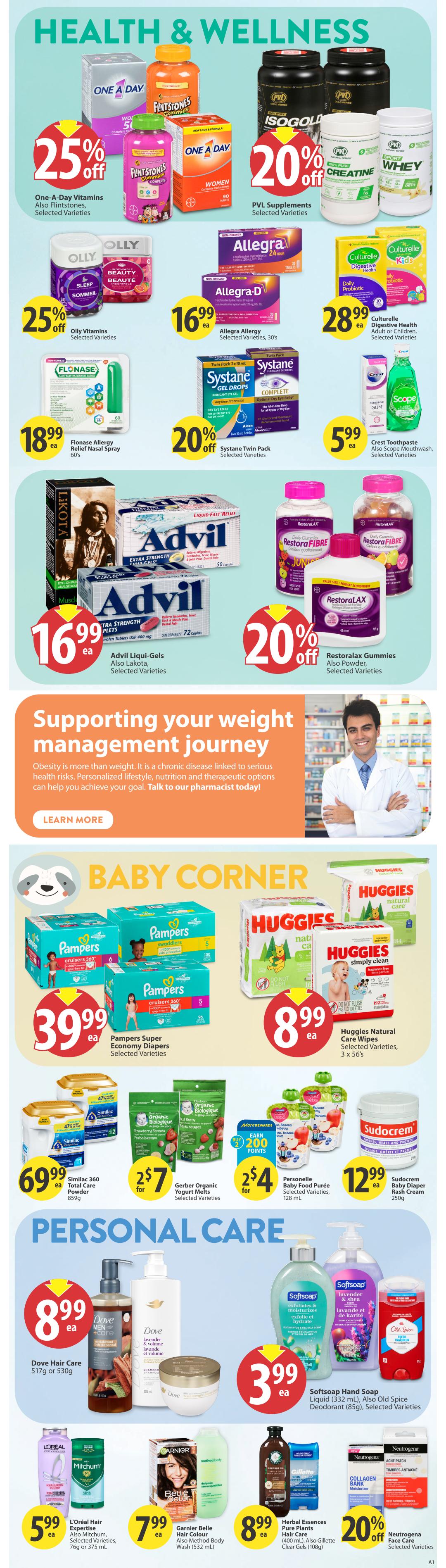 Save-On-Foods weekly flyer specials page 30 features Health & Wellness products including One A Day Vitamins and Flintstones Gummies at 25% off, PVL Supplements at 20% off, Allegra Allergy medication for $16.99, Nature's Bounty Vitamins for $28.99, Flonase Allergy Relief Nasal Spray for $18.99, Systane Twin Pack eye drops at 20% off, and Crest Toothpaste for $5.99. Also featured are Advil Liqui-Gels for $16.99 and Restoralax Gummies at 20% off. The page also includes a section on supporting your weight management journey. The Baby Corner offers Pampers Super Economy Diapers for $39.99 and Huggies Natural Care Wipes for $8.99. Similac 360 Total Care Powder is $69.99, Gerber Organic Yogurt Melts are 2 for $7, and Personelle Baby Food Purée is 2 for $4. Sudocrem Baby Diaper Rash Cream is $12.99. The Personal Care section includes Dove Hair Care for $8.99, Softsoap Hand Soap Liquid for $3.99, L'Oréal Hair Expertise and Mitchum products for $5.99, Garnier Belle Hair Colour and Method Body Wash for $7.99, Herbal Essences Pure Plants Hair Care and Gillette Clear Gels for $8.99, and Neutrogena Face Care at 20% off.