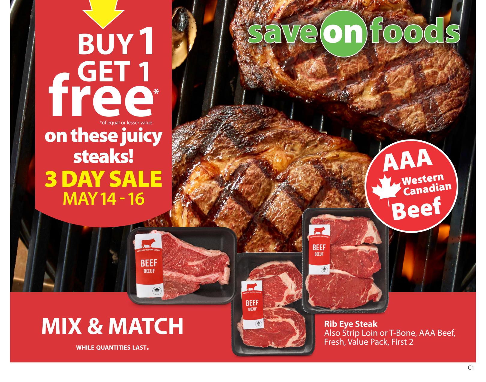 Save-On-Foods weekly flyer specials for Saskatchewan, page 2. Features 'Unreal Deal on' Western Family Smokies Selected Varieties, 500g for $5.99 ea and Western Family Sirloin Beef Burgers, Frozen, 852g for $10.99 ea. Grill Ready Faves include Maple Leaf Top Dogs Wieners Selected Varieties, 375g with a Buy 1 Get 1 Free offer, and Chicken Breast Fresh, Boneless, Skinless, Warehouse Pack, 15.41/kg for $6.99 lb. Also featured are Corn on the Cob USA for $5 for 4, and 'Mix & Match Tasty Salad Essentials' including Fresco Mini Cucumbers Canada, 454g for $3 for 10, Grape Tomatoes Canada, USA, or Mexico, 1 Pint for $3 for 10, and Mini Peppers Canada, 454g for $3 for 10. Other deals include Grimm's Jalapeño & Cheddar Poppers, 500g for $8.99 ea while quantities last, Heinz Picnic Pack, 3-Pack, First 2 for $4.99 ea, Coca-Cola Soft Drinks Also Pepsi, Selected Varieties, 12 x 355 mL for Buy 2+ for $7.99 ea, and Häagen-Dazs Ice Cream (450 ml) or Bars (3 x 88 ml), Selected Varieties for $4.99 ea. The flyer also promotes a 'More Rewards Points Power-Up' offer: Get 10,000 points when you spend $200 or more on all purchases by May 20th. Prices effective Thursday, May 14 to Wednesday, May 20, 2026. Offers require use of More Rewards card; selection & availability may vary by store.