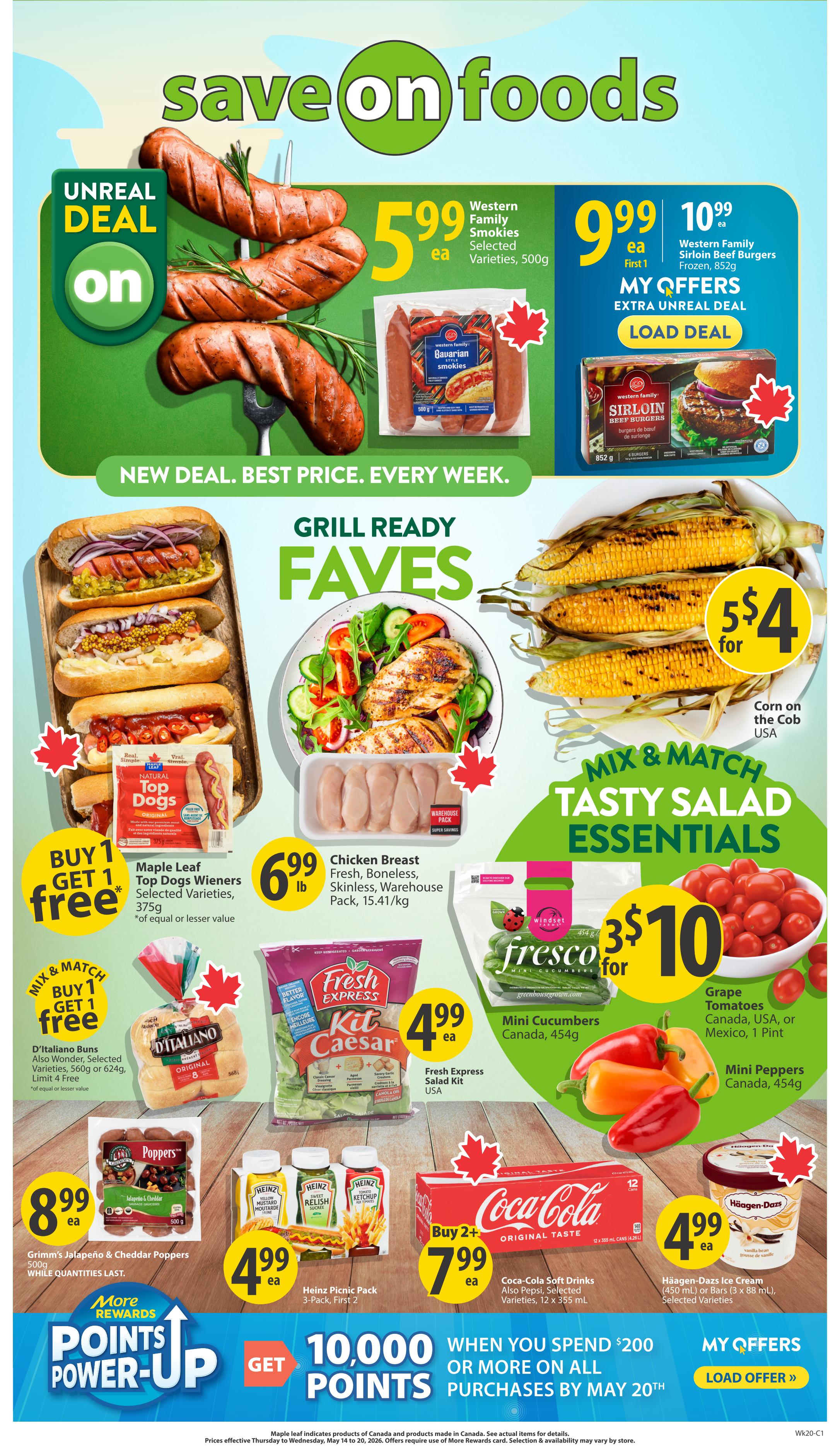 Save-On-Foods weekly flyer specials. Featuring a Buy 1 Get 1 Free offer on juicy steaks, valid for a 3-day sale from May 14-16. The offer applies to AAA Western Canadian Beef, including Rib Eye Steak, Strip Loin, or T-Bone cuts, available fresh in value packs. Mix and match while quantities last.