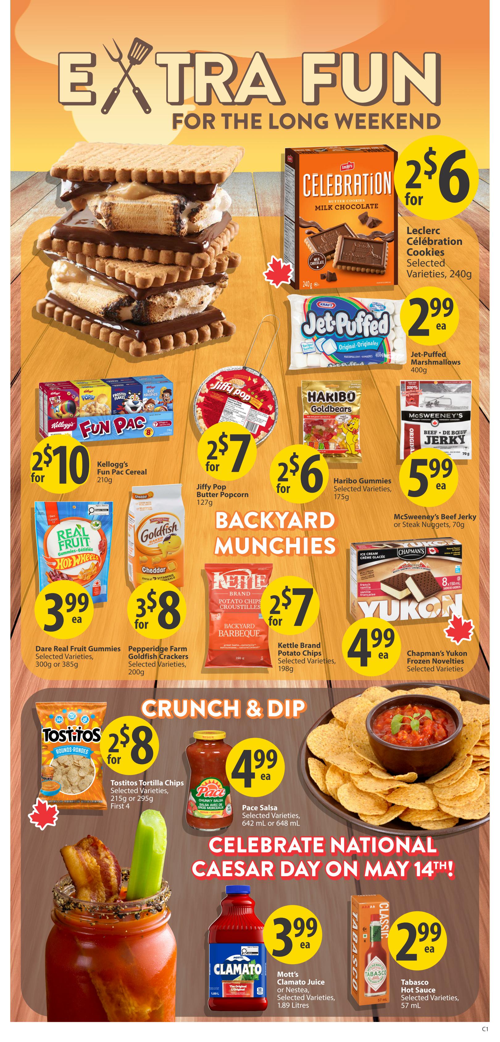 Save-On-Foods weekly flyer specials page 4 features 'Extra Fun for the Long Weekend' and 'Backyard Munchies' promotions. Highlighted items include Leclerc Celebration Milk Chocolate Cookies, 2 for $6; Kraft Jet-Puffed Marshmallows, $2.99 each; Kellogg's Fun Pac Cereal, 2 for $10; Jiffy Pop Butter Popcorn, 2 for $7; Haribo Goldbears Gummies, 2 for $6; and McSweeney's Beef Jerky or Steak Nuggets, $5.99 each. Also featured are Dare Real Fruit Gummies, $3.99 each; Pepperidge Farm Goldfish Crackers, 3 for $8; Kettle Brand Potato Chips, 2 for $7; and Chapman's Yukon Frozen Novelties, $4.99 each. The 'Crunch & Dip' section includes Tostitos Tortilla Chips, 2 for $8; Pace Salsa, $4.99 each; Mott's Clamato Juice, $3.99 each; and Tabasco Hot Sauce, $2.99 each. The page also celebrates National Caesar Day on May 14th.