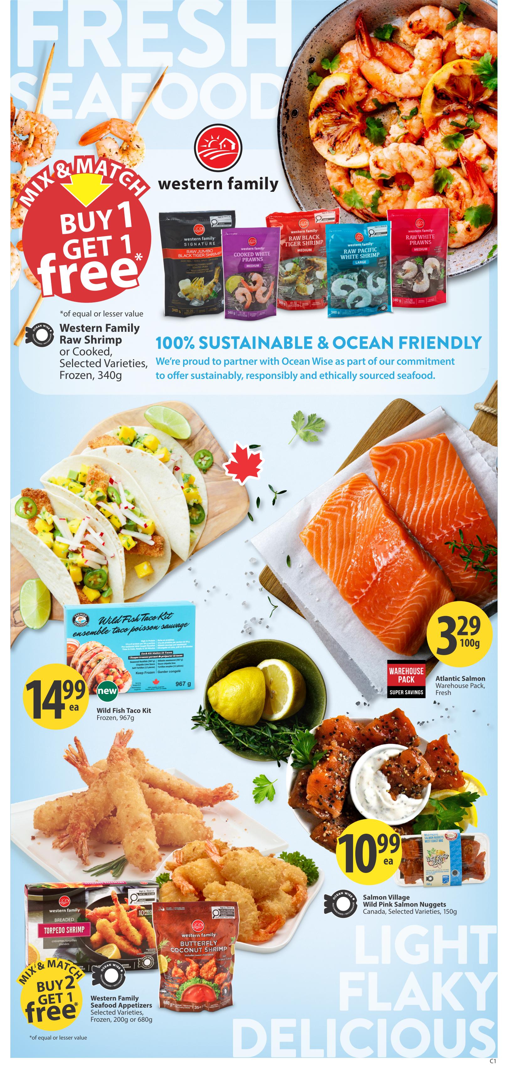 Save-On-Foods weekly flyer specials page 10 features fresh seafood with a Mix & Match Buy 1 Get 1 Free offer on Western Family Raw or Cooked Shrimp, 340g. Featured products include Wild Fish Taco Kit for $14.99 ea (new), Atlantic Salmon Warehouse Pack, Fresh for $3.29 per 100g, and Salmon Village Wild Pink Salmon Nuggets, Canada, Selected Varieties, 150g for $10.99 ea. Another Mix & Match Buy 2 Get 1 Free offer is available on Western Family Seafood Appetizers, Frozen, 200g or 680g, including Western Family Breaded Torpedo Shrimp and Western Family Butterfly Coconut Shrimp. The page highlights '100% Sustainable & Ocean Friendly' seafood.