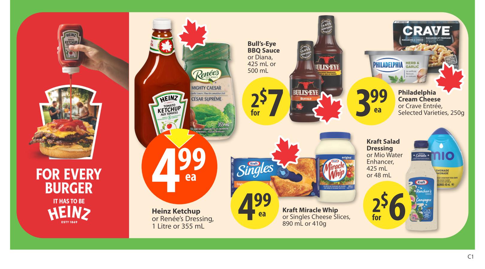 Save-On-Foods weekly flyer specials page 18 features Heinz Ketchup, 1 Litre, for $4.99 each, or Renée's Dressing, 355 mL, for $4.99 each. Also on sale is Bull's-Eye BBQ Sauce or Diana Sauce, 425 mL or 500 mL, for 2 for $7. Philadelphia Cream Cheese or Crave Entrée, Selected Varieties, 250g, is $3.99 each. Kraft Miracle Whip, 890 mL, or Kraft Singles Cheese Slices, 410g, are $4.99 each. Kraft Salad Dressing or Mio Water Enhancer, 425 mL or 48 mL, are 2 for $6. The page highlights Heinz Ketchup with the slogan 'For Every Burger, It Has to Be Heinz'.