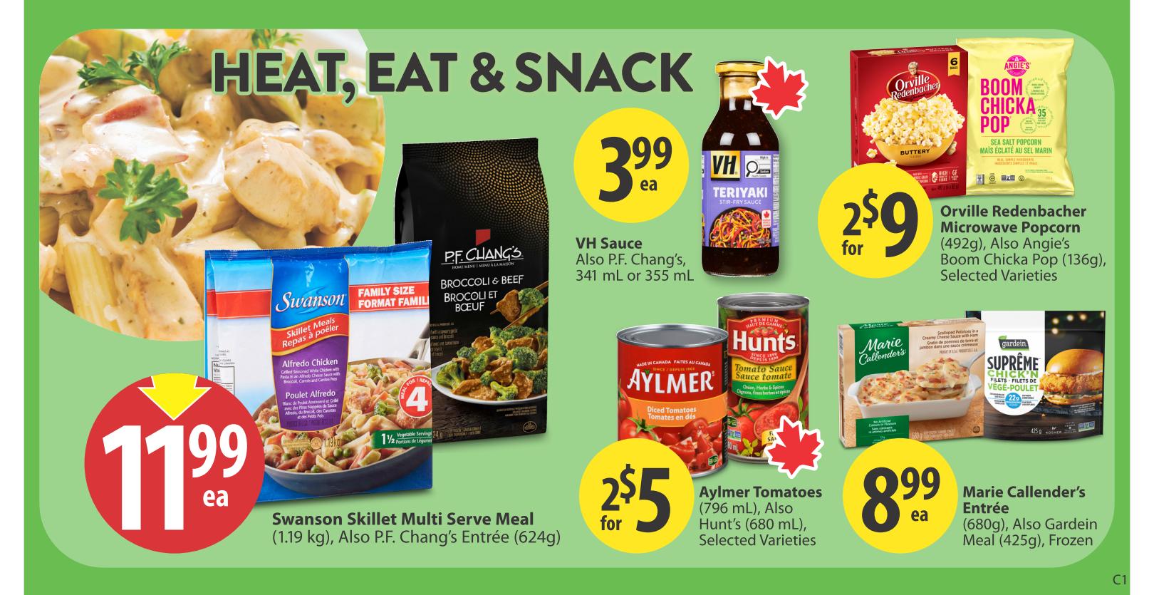 Save-On-Foods weekly flyer specials page 20 features a variety of heat-and-eat meals and snacks. Featured items include Swanson Skillet Multi Serve Meals for $11.99 each, P.F. Chang's Entrée for $11.99 each, VH Sauce or P.F. Chang's Sauce for $3.99 each, Aylmer Tomatoes (796 mL) or Hunt's Tomatoes (680 mL) for 2 for $5, Orville Redenbacher Microwave Popcorn (492g) or Angie's Boom Chicka Pop (136g) for 2 for $9, and Marie Callender's Entrée (680g) or Gardein Meal (425g) for $8.99 each.