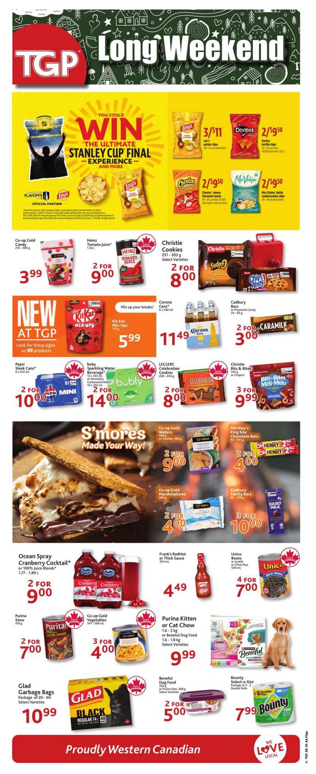TGP The Grocery People Long Weekend flyer, Page 5. Features a 'Win the Ultimate Stanley Cup Final Experience' contest. On sale: Lay's potato chips 3 for $11, Doritos tortilla chips 2 for $9.50, Cheetos cheese flavoured snacks 2 for $9.50, and Miss Vickie's kettle cooked potato chips 2 for $9.50. New at TGP: Kit Kat Mix-Ups for $5.99. Also featured are Co-op Gold Candy 2 for $3.99, Heinz Tomato Juice 2 for $9.00, Christie Cookies 2 for $8.00, Corona Cero 6 x 355 mL for $11.49, and Cadbury Caramilk or Oh Henry! bars 2 for $3.00. S'mores ingredients are on special: Co-op Gold Wafers 2 for $9.00 and Co-op Gold Marshmallows 2 for $4.00. Other deals include Ocean Spray Cranberry Cocktail 2 for $9.00, Frank's RedHot or Thick Sauce for $4.49, Unico Black Beans or Chick Peas 4 for $7.00, Purina Stew 2 for $7.00, Co-op Gold Vegetables 3 for $4.00, Purina Kitten or Cat Chow 1.6-2 kg or Beneficial Dog Food 1.6-1.8 kg for $9.99, Beneficial Dog Food 2 for $5.00, Glad Garbage Bags 20-60 count for $10.99, and Bounty Select-a-Size Double Rolls for $7.99. The flyer proudly states 'Proudly Western Canadian'.
