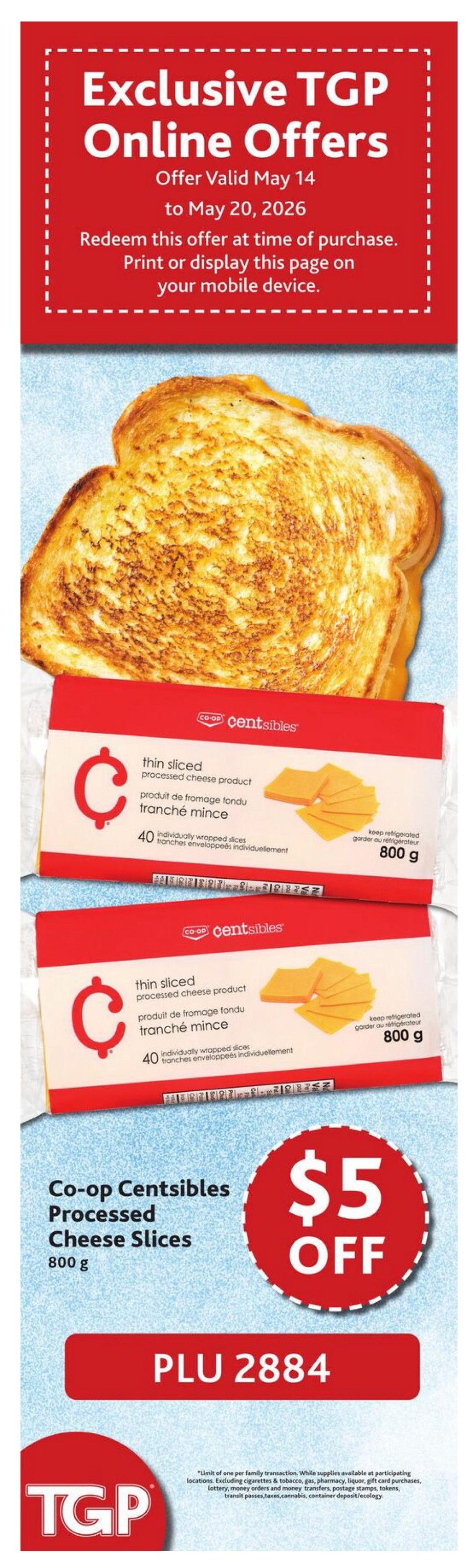 Exclusive TGP Online Offers valid May 14 to May 20, 2026. Features Co-op Centsibles thin sliced processed cheese product, 40 individually wrapped slices, 800 g, with a $5 off offer, PLU 2884. This page is page 8 of the TGP The Grocery People weekly flyer.