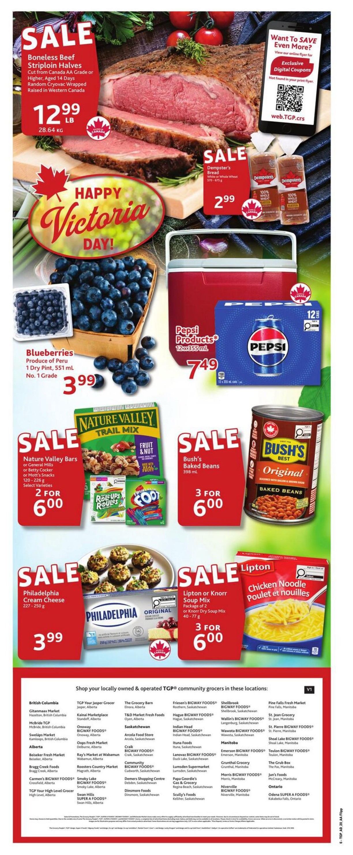 TGP The Grocery People weekly flyer specials page 9 features a sale on Boneless Beef Striploin Halves, cut from Canada AA Grade or higher, aged 14 days, raised in Western Canada, priced at $12.99 per lb (28.64 kg). Also on sale are Blueberries, produce of Peru, 1 dry pint (551 ml), No. 1 Grade, for $3.99. Dempster's Bread, 100% Whole Wheat, 670-675 g, is on sale for $2.99. Nature Valley Bars or General Mills or Betty Crocker Snacks, 120-226 g, select varieties, are 2 for $6.00. Bush's Baked Beans, 398 ml, are 3 for $6.00. Philadelphia Cream Cheese, 227-250 g, is $3.99. Lipton or Knorr Soup Mix, package of 2 or Knorr Dry Soup Mix, 40-77 g, are 3 for $6.00. Pepsi Products, 12x355 mL, are $7.49. The flyer also lists TGP community grocer locations across British Columbia, Alberta, Saskatchewan, Manitoba, and Ontario.
