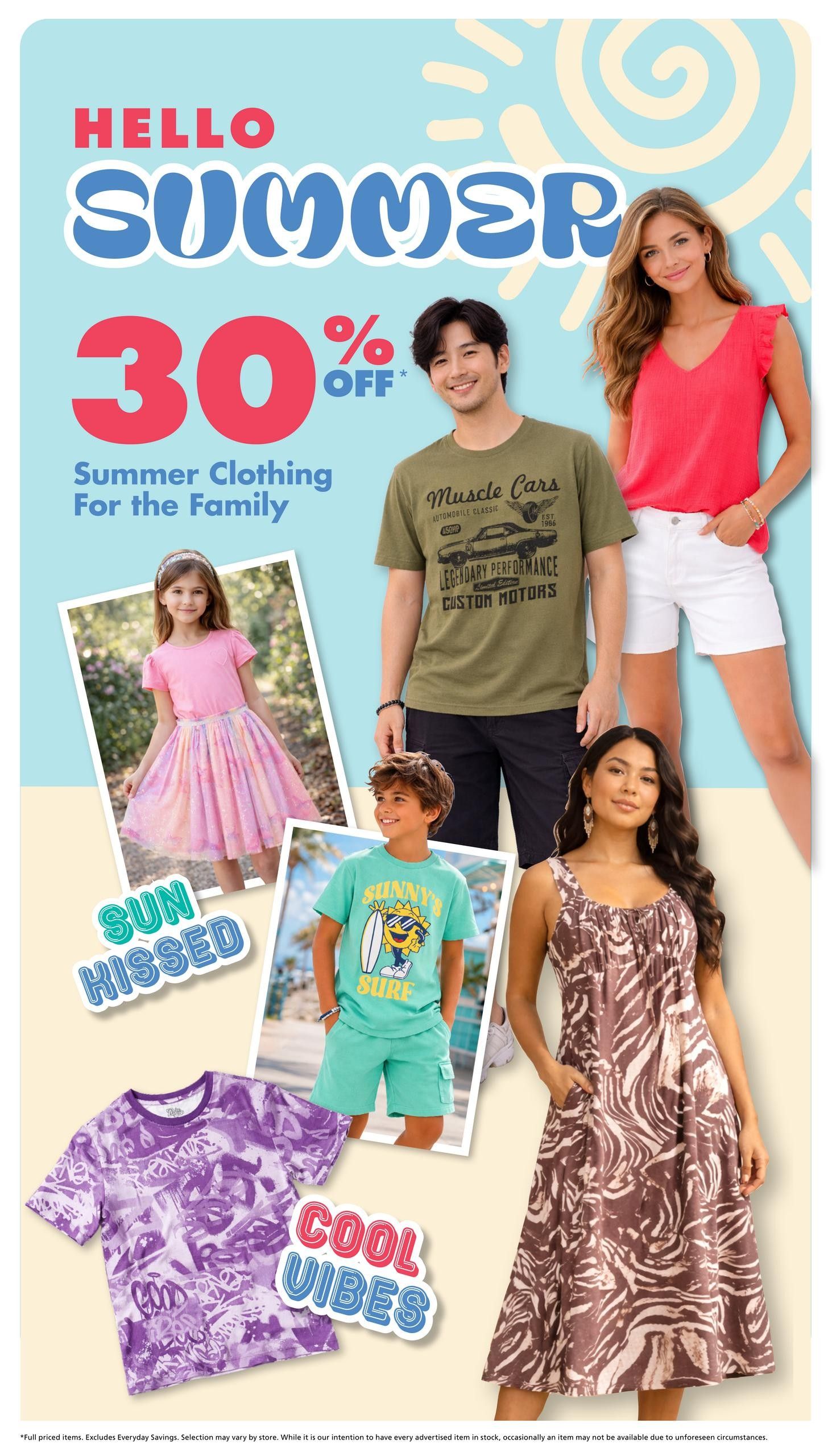 The Bargain Shop weekly flyer specials page 2 features 'Hello Summer' with 30% off summer clothing for the family. Featured items include a girl's pink dress with a sparkly skirt, a boy's green t-shirt with a 'Sunny's Surf' graphic, a purple tie-dye t-shirt with 'Cool Vibes' text, a man's olive green t-shirt with a 'Muscle Cars' graphic, and a woman's patterned maxi dress. The page highlights 'Sun Hissed' and 'Cool Vibes' themes for summer apparel.