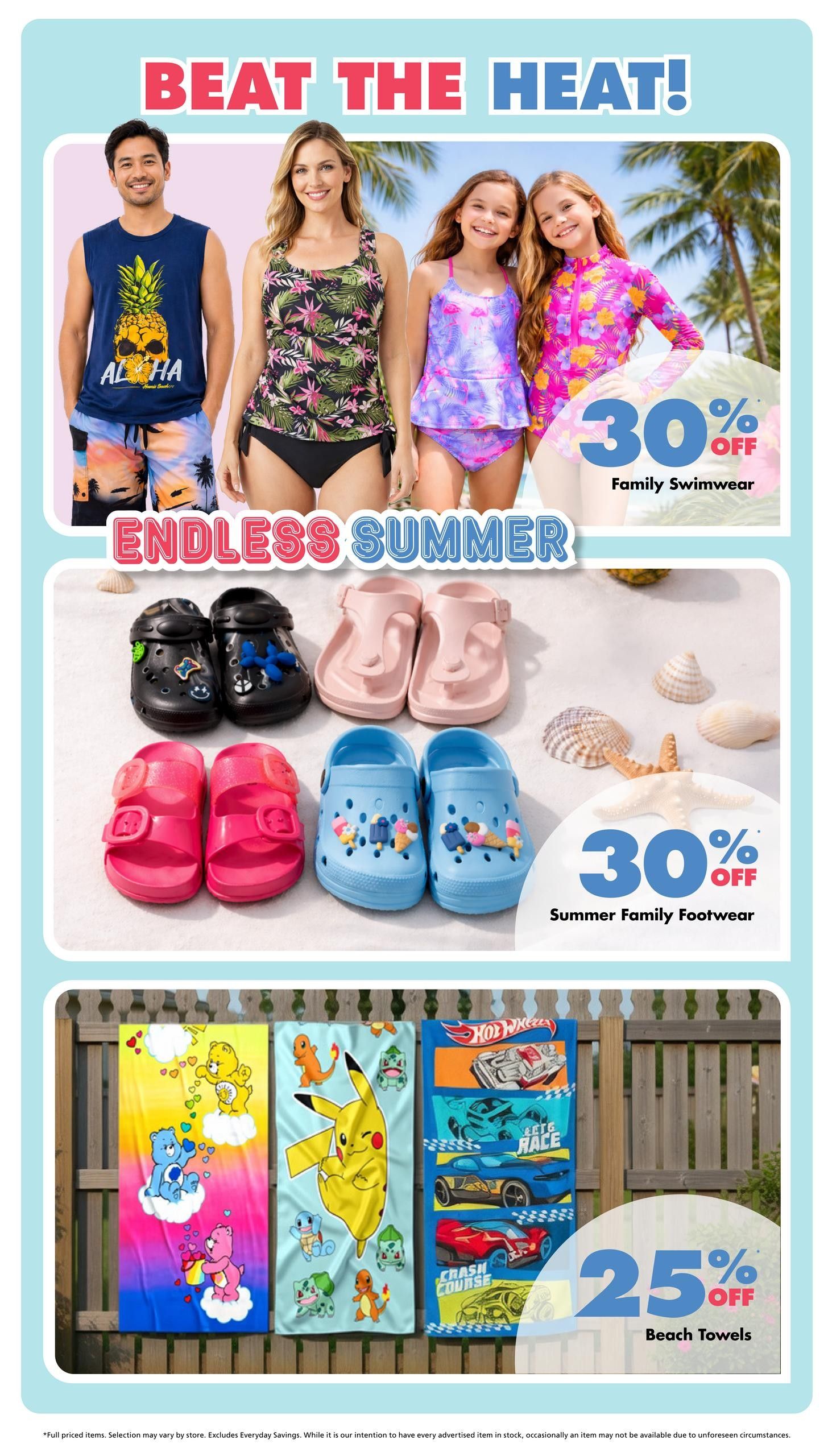 The Bargain Shop weekly flyer specials page 3 features 'Beat the Heat!' with 'Endless Summer' themed items. Family swimwear is 30% off, showcasing a man in a pineapple tank top and swim trunks, a woman in a floral tankini, and two girls in patterned swimsuits. Summer family footwear, including clogs and sandals in various colours, is also 30% off. Additionally, beach towels featuring Care Bears, Pokémon (Pikachu, Charmander, Bulbasaur), and Hot Wheels race cars are available for 25% off.