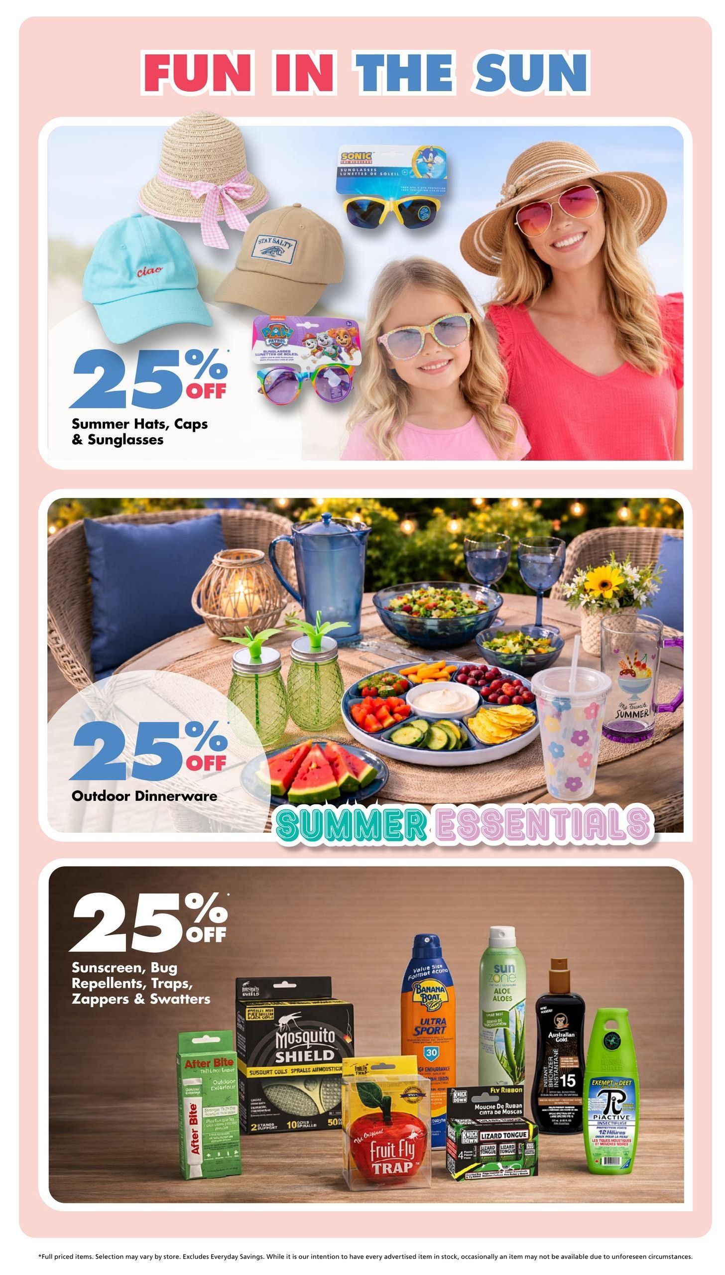 The Bargain Shop weekly flyer specials page 4, featuring 'Fun in the Sun' essentials. Get 25% off Summer Hats, Caps & Sunglasses, including straw hats, baseball caps, and kids' sunglasses. Also, enjoy 25% off Outdoor Dinnerware and 'Summer Essentials' like serving platters, pitchers, and drinkware. Additionally, find 25% off Sunscreen, Bug Repellents, Traps, Zappers & Swatters, with products like After Bite, Mosquito Shield coils, Fruit Fly Traps, Banana Boat Ultra Sport sunscreen, Sun Zone Aloe Alöes, Australian Gold sunscreen, and Exempt Deet insect repellent.