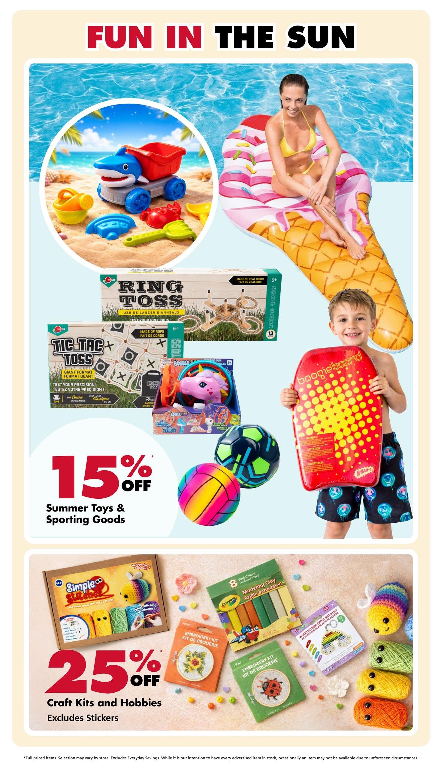 The Bargain Shop weekly flyer specials page 5, featuring 'Fun in the Sun' themed items. Includes a selection of summer toys and sporting goods with 15% off, such as a shark-shaped sand toy set, a Ring Toss game made of real wood, a Tic Tac Toss game, a bubble machine, a boogie board, and colourful balls. Also featured are craft kits and hobbies with 25% off, excluding stickers. Items include a Simple Stitching kit, Crayola modeling clay in 8 bold colours, wood key chain cross-stitch kits, and various embroidery kits with designs like a sunflower and a ladybug. Several balls and yarn crafts are also displayed.