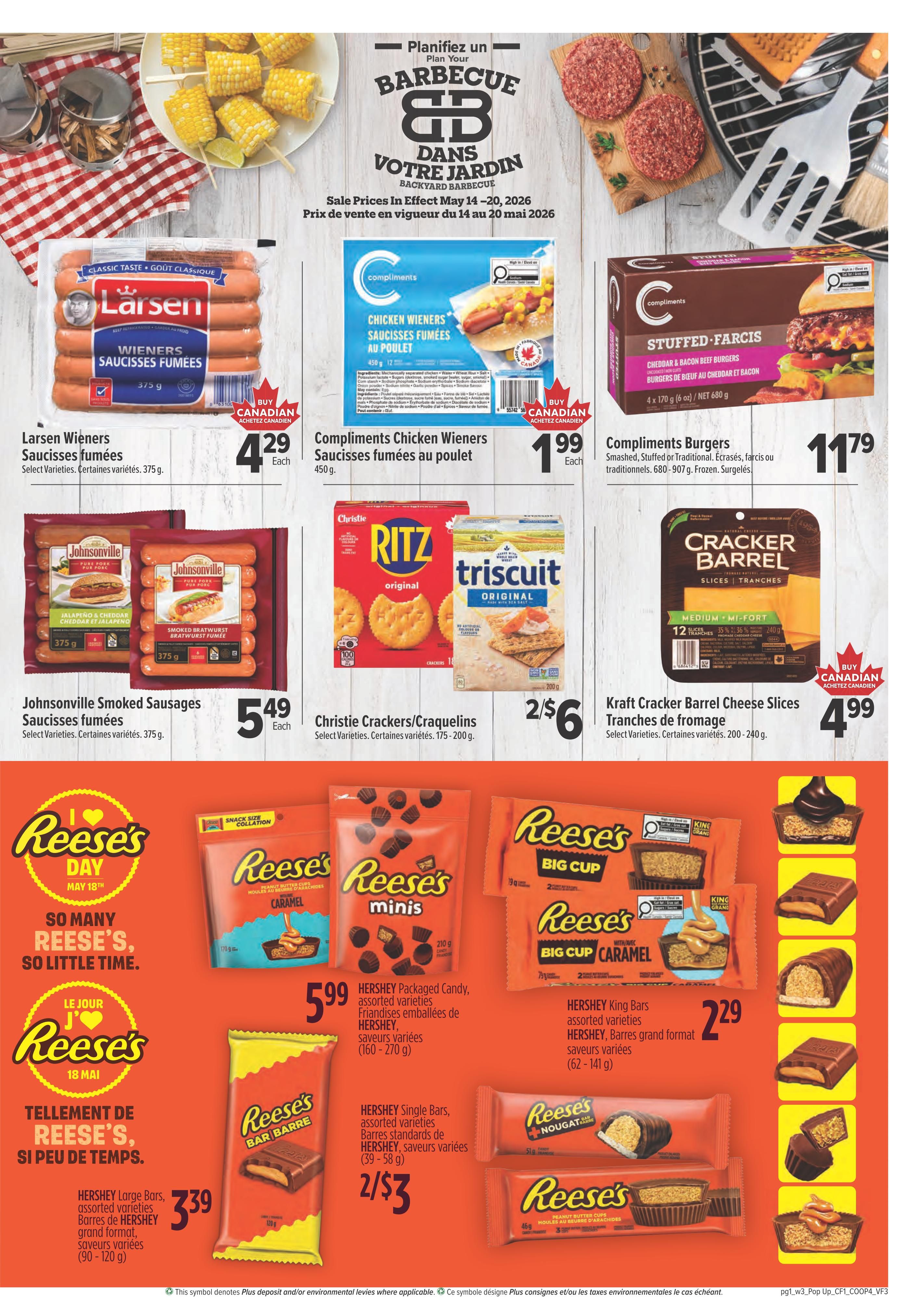 Valufoods Weekly Flyer Specials Page 5 features barbecue-themed items and candy. Top section showcases grilling essentials like corn on the cob, burgers, and a spatula. Featured products include Larsen Wieners Smoked Sausages for $4.29, Compliments Chicken Wieners Smoked Sausages for $1.99, Compliments Burgers (Smashed, Stuffed or Traditional) for $11.79, Johnsonville Smoked Sausages for $5.49, Christie Crackers/Graquelins for 2 for $6, and Kraft Cracker Barrel Cheese Slices for $4.99. The bottom section highlights Reese's products for 'Reese's Day' on May 18th, including HERSHEY Packaged Candy (160-270 g) for $5.99, HERSHEY Single Bars (39-58 g) for 2 for $3, HERSHEY Large Bars (90-120 g) for $3.39, and HERSHEY King Bars (62-141 g) for $2.29.