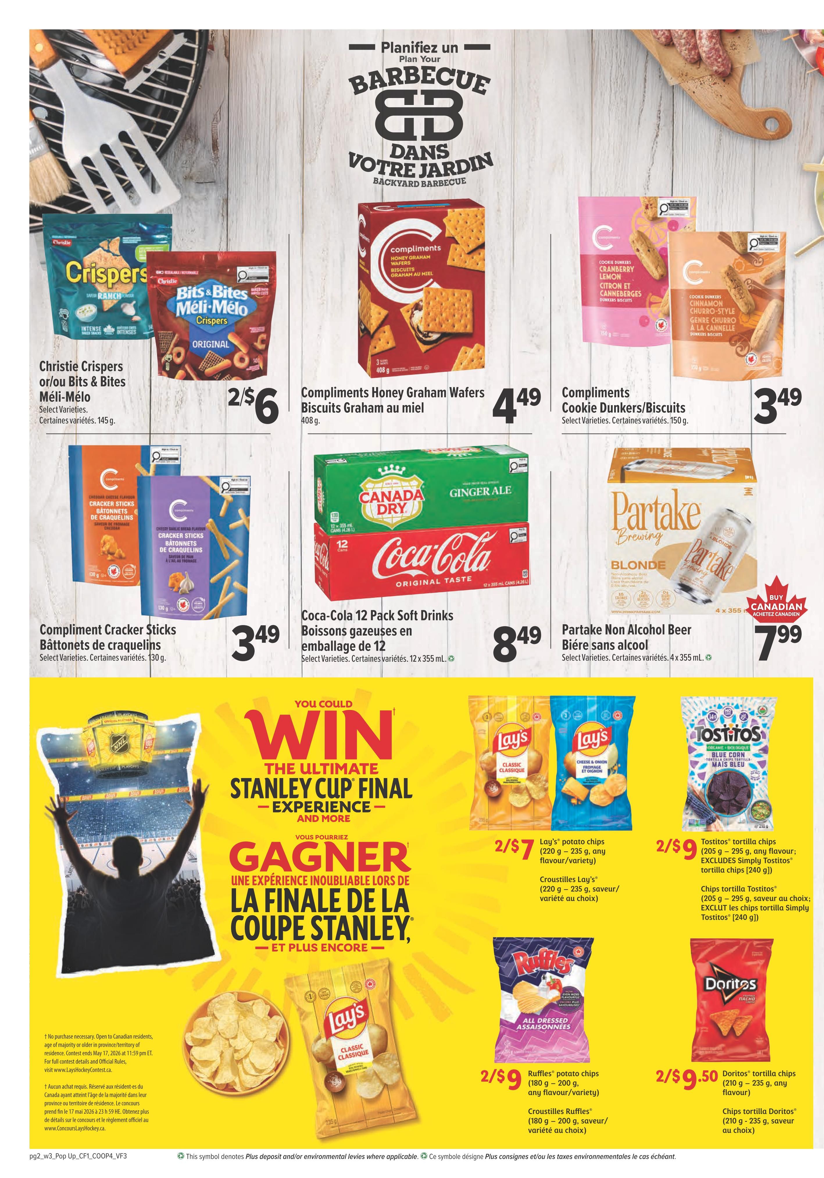 Valufoods weekly flyer specials page 6 features a variety of snacks and beverages. Highlighted are Christie Crispers or Bits & Bites Meli-Melo for 2 for $6, Compliments Honey Graham Wafers Biscuits for $4.49, and Compliments Cookie Dunkers/Biscuits for $3.49. Also featured is Coca-Cola 12 Pack Soft Drinks for $8.49 and Partake Non-Alcohol Beer for $7.99. The page also promotes a contest to win the ultimate Stanley Cup Final experience. Snack deals include Lay's potato chips (220g-235g) for 2 for $7, Tostitos tortilla chips (205g-295g) for 2 for $9, Ruffles potato chips (180g-200g) for 2 for $9, and Doritos tortilla chips (210g-235g) for 2 for $9.50.