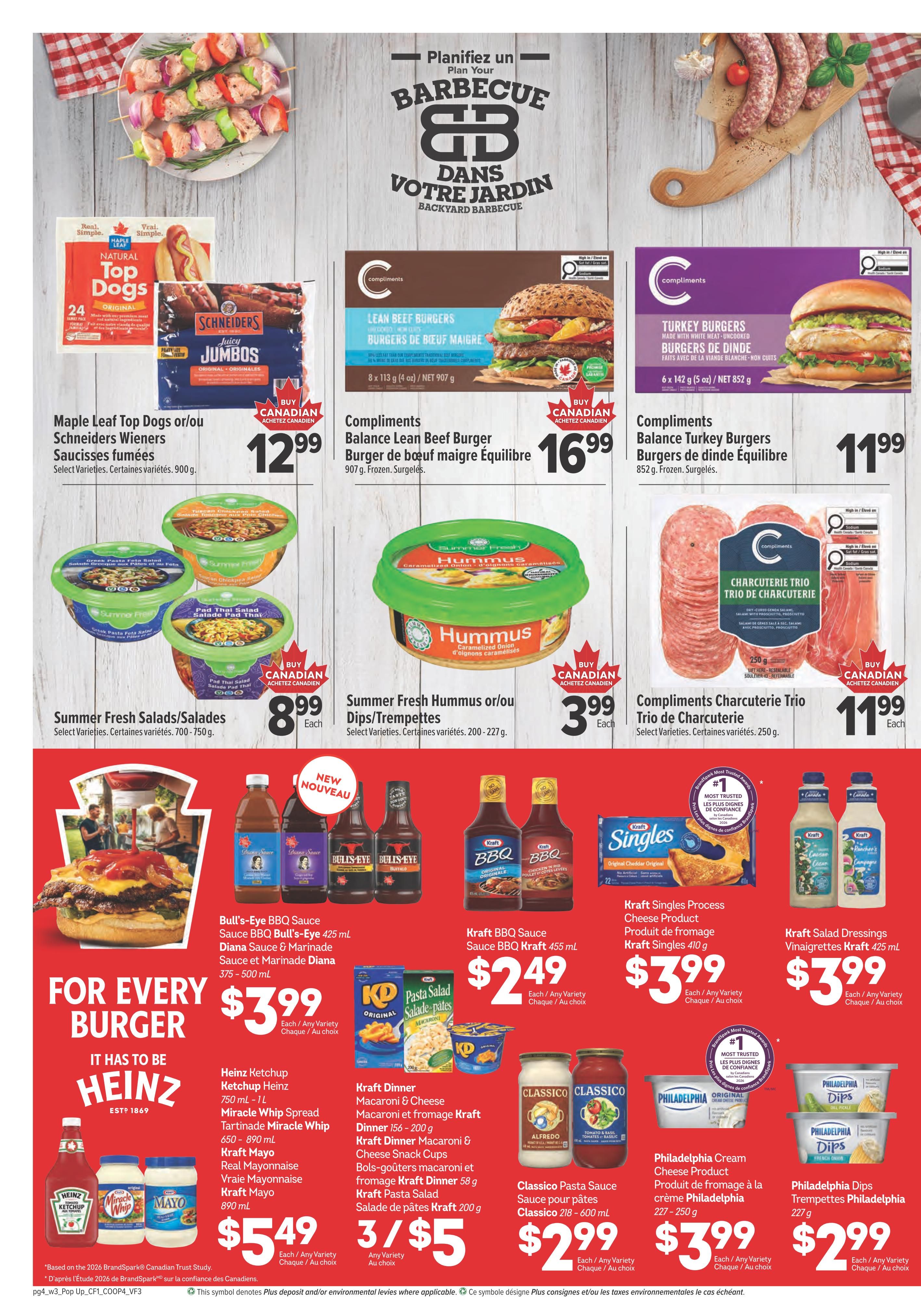 Valufoods weekly flyer specials page 8 features a variety of barbecue and burger essentials. Top deals include Maple Leaf Top Dogs or Schneiders Wieners for $12.99, Compliments Lean Beef Burgers for $16.99, and Compliments Balance Turkey Burgers for $11.99. Also featured are Summer Fresh Salads for $8.99 and Compliments Hummus or Dips for $3.99. Compliments Charcuterie Trio is available for $11.99. For every burger, find Heinz Ketchup, Miracle Whip Spread, or Kraft Mayo for $5.49. Kraft BBQ Sauce is on sale for $2.49, Kraft Dinner Macaroni & Cheese or Kraft Dinner Macaroni & Cheese Snack Cups are 3 for $5, and Classico Pasta Sauce is $2.99. Kraft Singles Process Cheese Product is $3.99, and Philadelphia Cream Cheese Product is $3.99. Kraft Salad Dressings are $3.99, and Philadelphia Dips are $2.99.