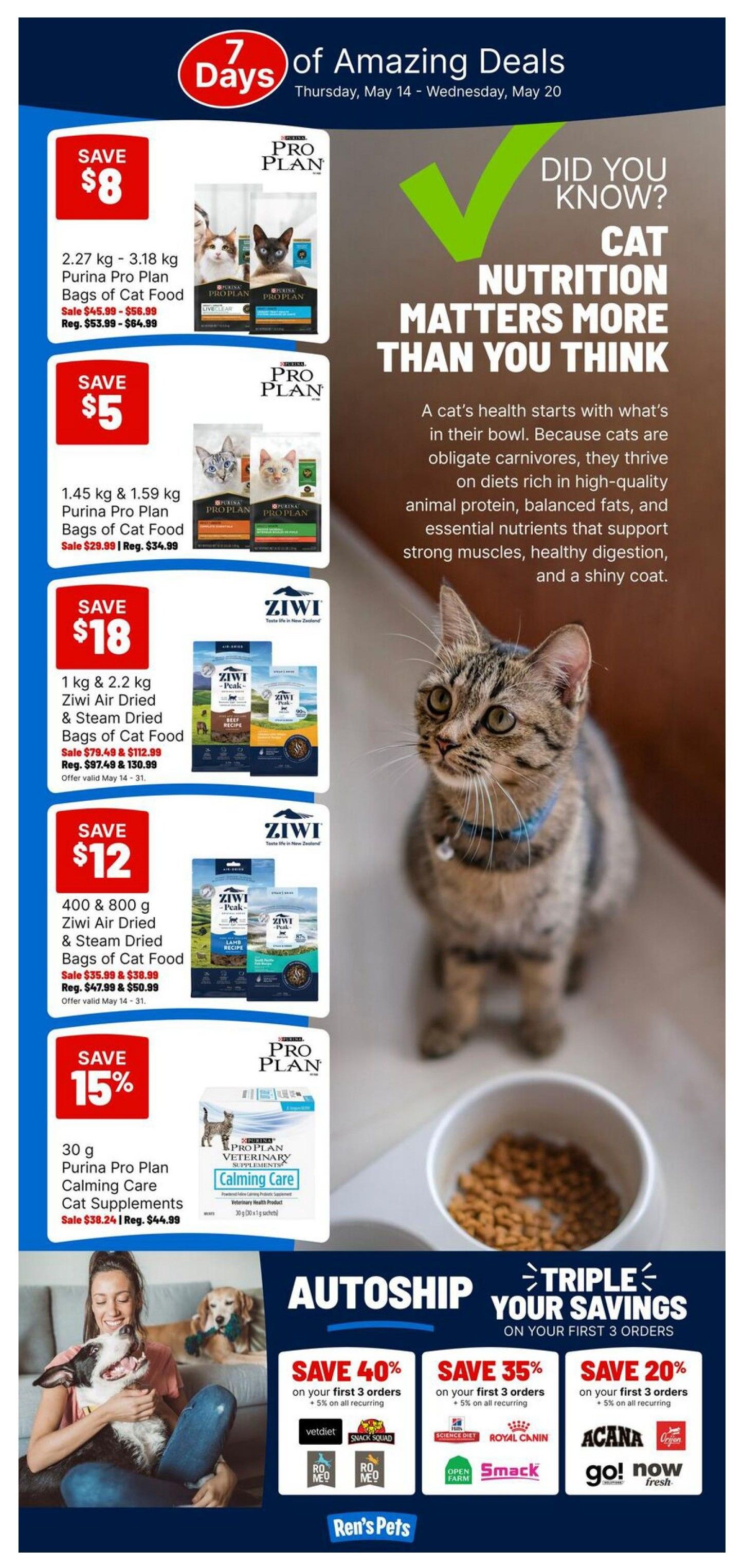 Ren's Pets Weekly Flyer Specials, Page 4. This page features '7 Days of Amazing Deals' from Thursday, May 14 to Wednesday, May 20. Featured cat food deals include: Save $8 on 2.27 kg - 3.18 kg Purina Pro Plan Bags of Cat Food, sale priced at $53.99 - $64.99. Save $5 on 1.45 kg & 1.59 kg Purina Pro Plan Bags of Cat Food, sale priced at $29.99 (Reg. $34.99). Save $18 on 1 kg & 2.2 kg Ziwi Air Dried & Steam Dried Bags of Cat Food, sale priced at $79.49 & $112.99 (Reg. $97.49 & $130.99). Save $12 on 400 g & 800 g Ziwi Air Dried & Steam Dried Bags of Cat Food, sale priced at $35.99 & $38.99 (Reg. $47.99 & $50.99). Save 15% on 30 g Purina Pro Plan Calming Care Cat Supplements, sale priced at $38.24 (Reg. $44.99). The page also highlights 'Did You Know? Cat Nutrition Matters More Than You Think' with information on feline dietary needs. Additionally, there's an 'Autoship Triple Your Savings' promotion offering up to 40% off on your first 3 orders and 5% off on all recurring orders, featuring brands like Vetdiet, Snack Squad, Royal Canin, Science Diet, Open Farm, Smack, Acana, Go! Solutions, and Now Fresh. A photo of a woman holding a dog and another dog in the background is also shown.