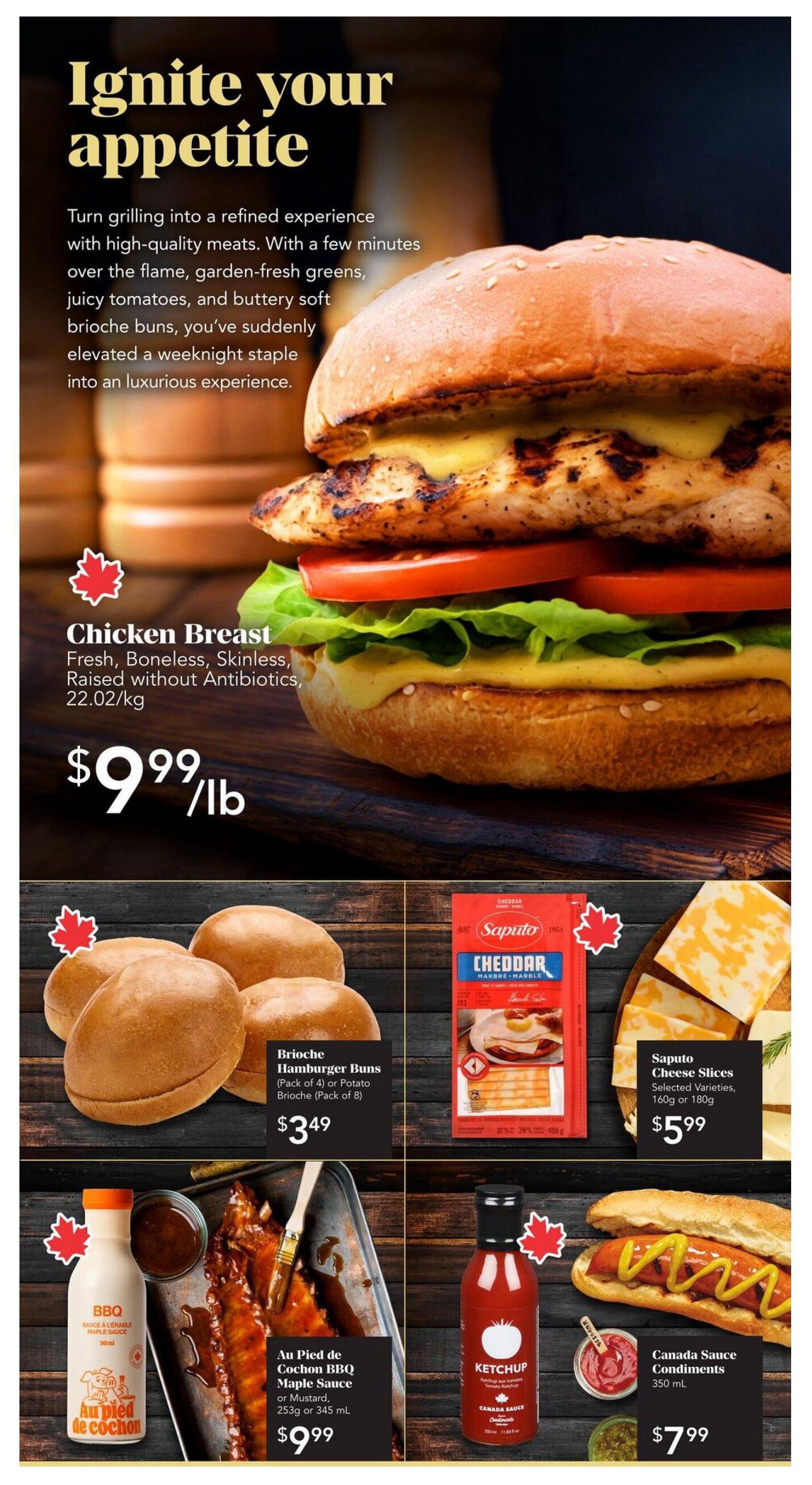 Urban Fare Weekly Flyer Specials page 3. Featured items include Fresh, Boneless, Skinless Chicken Breast, raised without antibiotics, for $9.99/lb. Also available are Brioche Hamburger Buns (Pack of 4) or Potato Brioche (Pack of 8) for $3.49, Saputo Cheddar Cheese Slices in selected varieties (160g or 180g) for $5.99, Au Pied de Cochon BBQ Maple Sauce or Mustard (253g or 345 mL) for $9.99, and Canada Sauce Condiments (350 mL) for $7.99. The page has a theme of 'Ignite your appetite' focusing on grilling and high-quality meats.