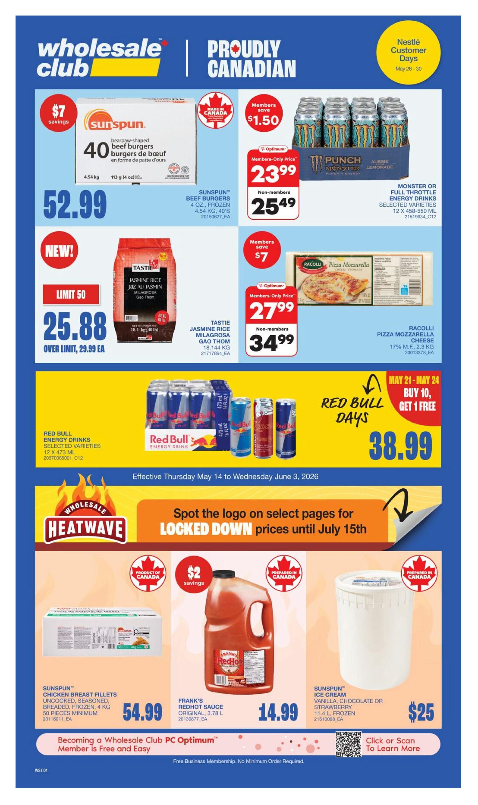Wholesale Club flyer specials for May. Featured 'Hit of the Month' deals include Kraft Miracle Whip selected varieties, 650-890 ml, for $3 (limit 6, over limit $4.00). Also on sale are Takis Rolled Corn Chips, selected varieties, 260 g, for $2.25 (limit 6, over limit $3.00). Head Men's & Women's Socks, 3 pack, are available for $4 (limit 6, over limit $5.99). The flyer highlights 'Lowest Prices, Best Deals' with offers valid May 1st - 31st, 2026, while quantities last.