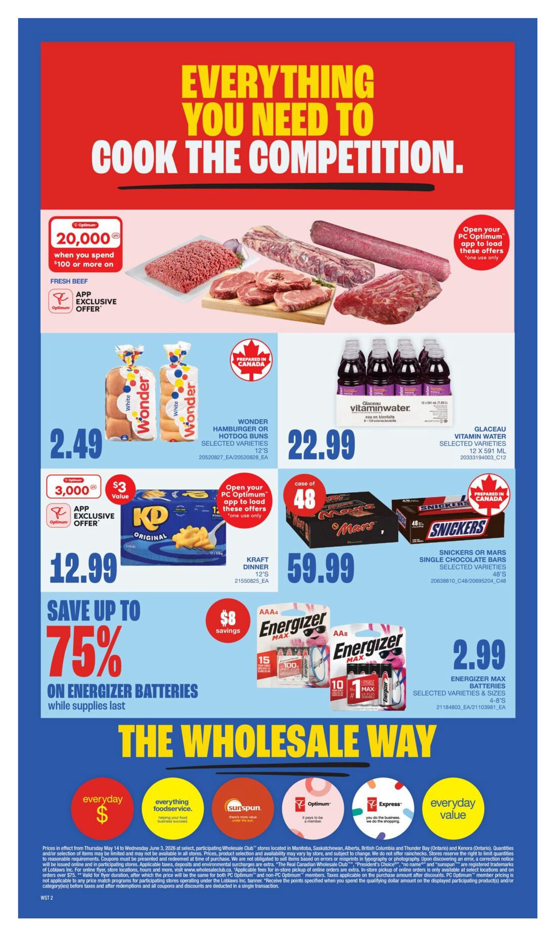 Wholesale Club flyer page 6 features 'Everything You Need to Cook the Competition.' Offers include 20,000 PC Optimum points when you spend $100 or more on Fresh Beef. Wonder Hamburger or Hotdog Buns are $2.49. Kraft Dinner 12's are $12.99 with a 3,000 PC Optimum points offer. Glaceau Vitamin Water 12 x 591 mL is $22.99. Snickers or Mars single chocolate bars 48's are $59.99. Energizer Max Batteries 4-8's are $2.99, with a save up to 75% promotion on Energizer batteries while supplies last. The page also highlights 'The Wholesale Way' with various value propositions.