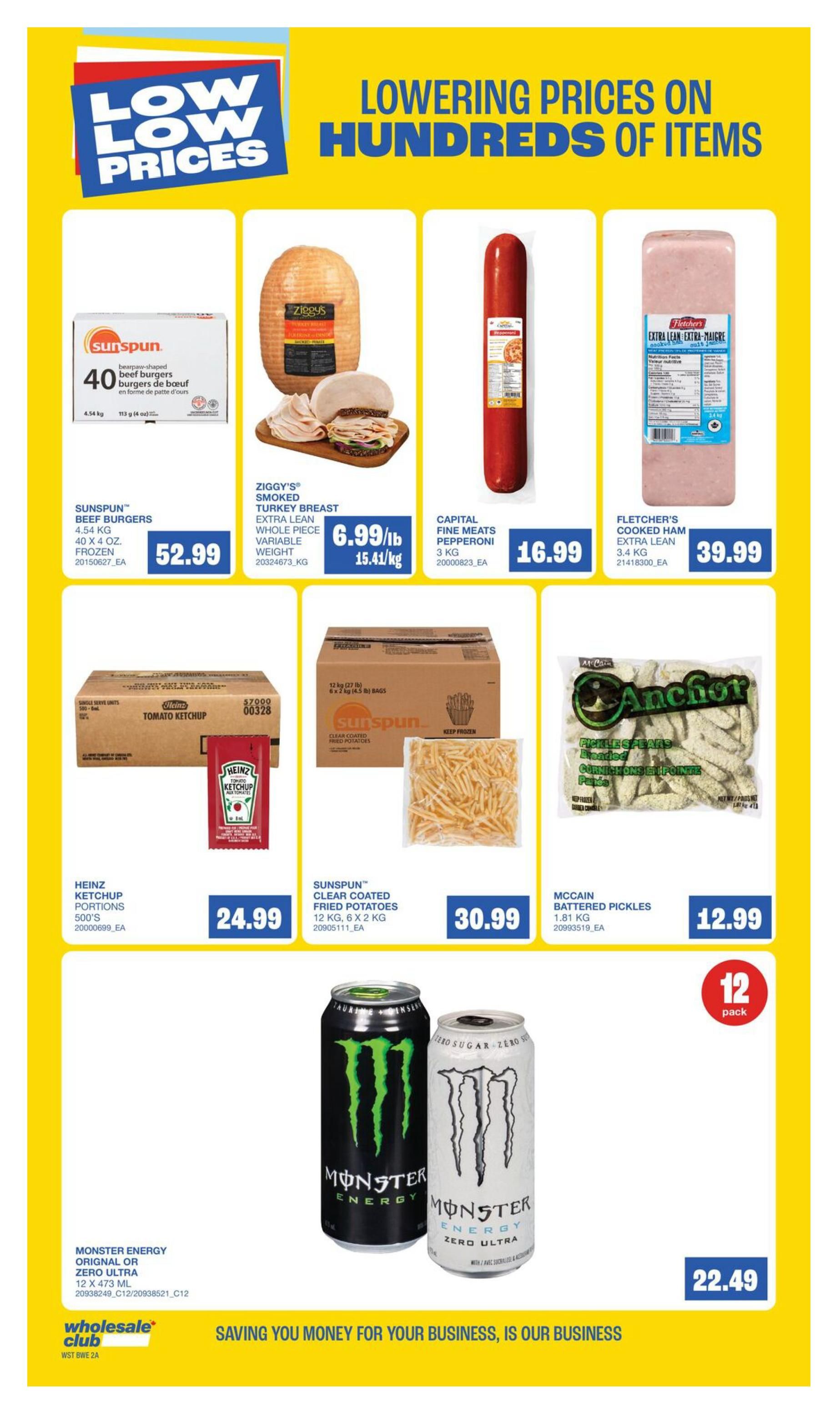 Wholesale Club flyer page 7 features 'Low Low Prices' on hundreds of items. Featured products include Sunspun Beef Burgers, 4.54 kg, for $52.99. Ziggy's Smoked Turkey Breast, variable weight, is $6.99/lb or $15.41/kg. Capital Fine Meats Pepperoni, 3 kg, is $16.99. Fletcher's Cooked Ham Extra Lean, 3.4 kg, is $39.99. Heinz Ketchup Portions, 500's, are $24.99. Sunspun Clear Coated Fried Potatoes, 12 kg, are $30.99. McCain Battered Pickles, 1.81 kg, are $12.99. Monster Energy Original or Zero Ultra, 12 x 473 mL, is $22.49 for a 12 pack.