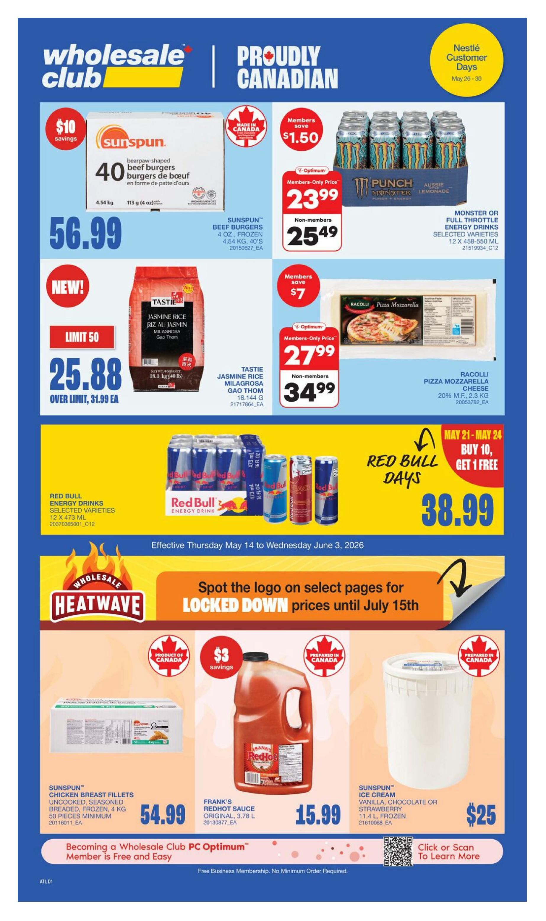 Wholesale Club flyer, Page 1. Featured 'Hit of the Month' deals include Kraft Miracle Whip, selected varieties, 650-890 ml for $3 (limit 6, over limit $4.00). Also, Takis Rolled Corn Chips, selected varieties, 260 g for $2.25 (limit 6, over limit $3.00). Head Men's & Women's Socks, 3 pack, are on sale for $4 (limit 6, over limit $5.99). The flyer highlights 'Lowest Prices, Best Deals' and is valid from May 1st to May 31st, 2026.