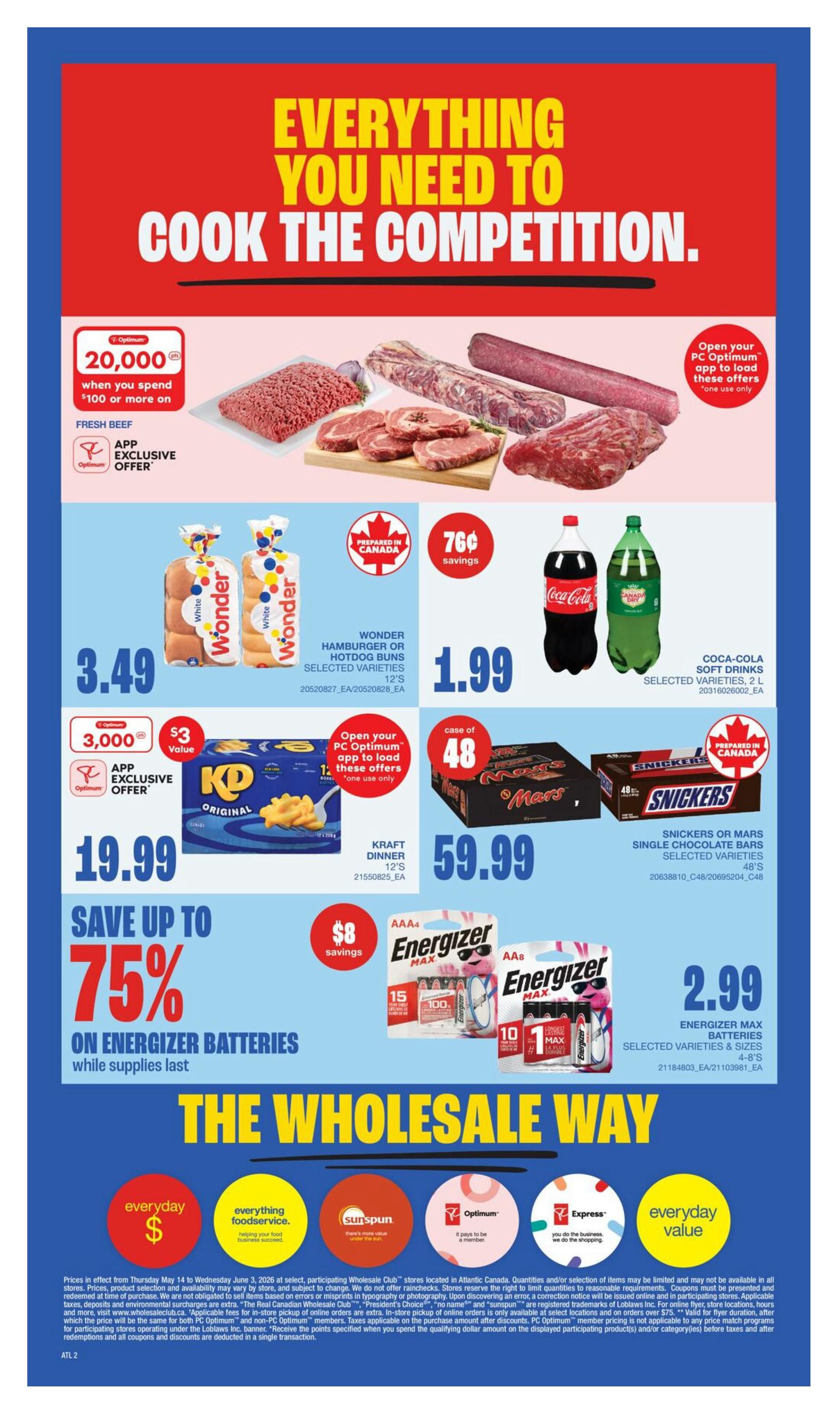 Wholesale Club Atlantic Canada flyer specials page 4 features 'Everything You Need to Cook the Competition.' Fresh beef is available with a PC Optimum offer of 20,000 points when you spend $100 or more on fresh beef. Wonder Hamburger or Hotdog Buns are $3.49. Coca-Cola Soft Drinks, selected varieties, 2 L, are $1.99 with 76¢ savings. Kraft Dinner, 12's, is $19.99 with a PC Optimum offer of 3,000 points ($3 value). A case of 48 Mars or Snickers Single Chocolate Bars, selected varieties, is $59.99. Save up to 75% on Energizer Max Batteries, selected varieties and sizes, 4-8's, which are $2.99 with $8 savings. The page also highlights 'The Wholesale Way' with icons for Everyday $, Everything Foodservice, Sunspun, Optimum, Express, and Everyday Value.