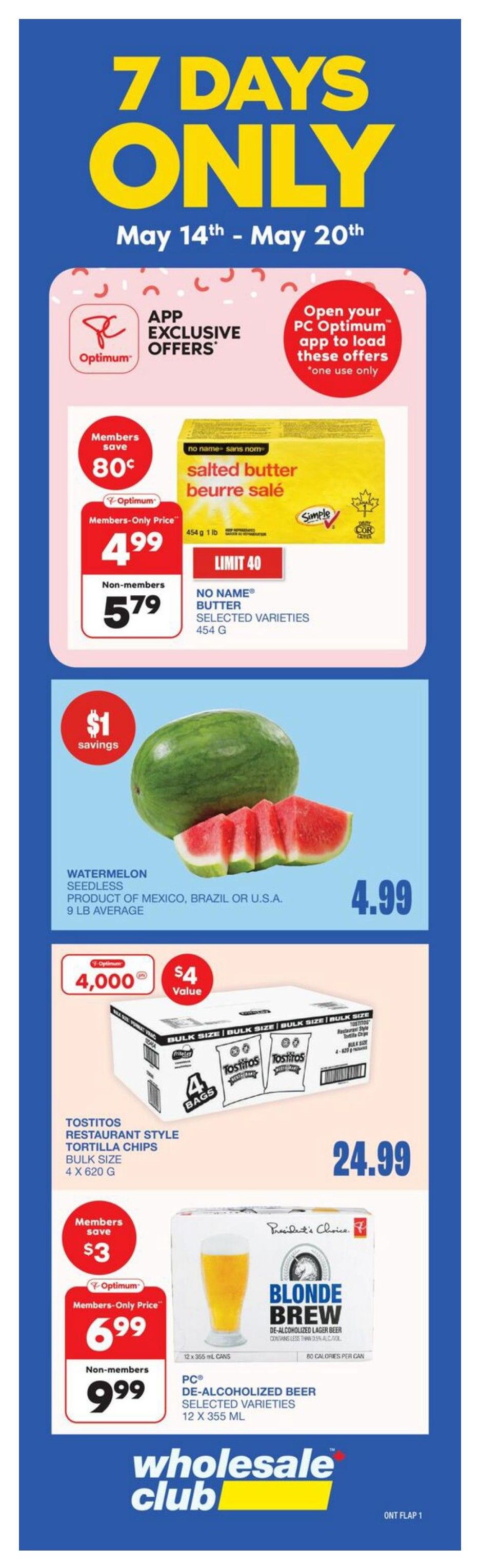 Wholesale Club flyer page 4 features Proudly Canadian products. Save $7 on Sunspun bear paw-shaped beef burgers, 4.54 kg, for $52.99. New item: Tastie Jasmine Rice Milagrosa Gao Thom, 18.1 kg, limit 50, over limit $29.99 EA, for $25.88. Monster or Full Throttle energy drinks, 12 x 458-550 ml, are $23.99 for members and $25.49 for non-members, with members saving $1.50. Racolli Pizza Mozzarella cheese, 17% M.F., 2.3 kg, is $27.99 for members and $34.99 for non-members, with members saving $7. Red Bull energy drinks, 12 x 473 ml, are part of Red Bull Days, buy 10 get 1 free for $38.99, valid May 21-24. Sunspun chicken breast fillets, uncooked, seasoned, breaded, frozen, 4 kg, 50 pieces minimum, are $54.99 with $2 savings. Frank's RedHot Sauce, original, 3.78 L, is $14.99. Sunspun Ice Cream, vanilla, chocolate or strawberry, 11.4 L frozen, is $25. The flyer also highlights 'Wholesale Heatwave' and 'Locked Down prices until July 15th'. Becoming a Wholesale Club PC Optimum member is free and easy.