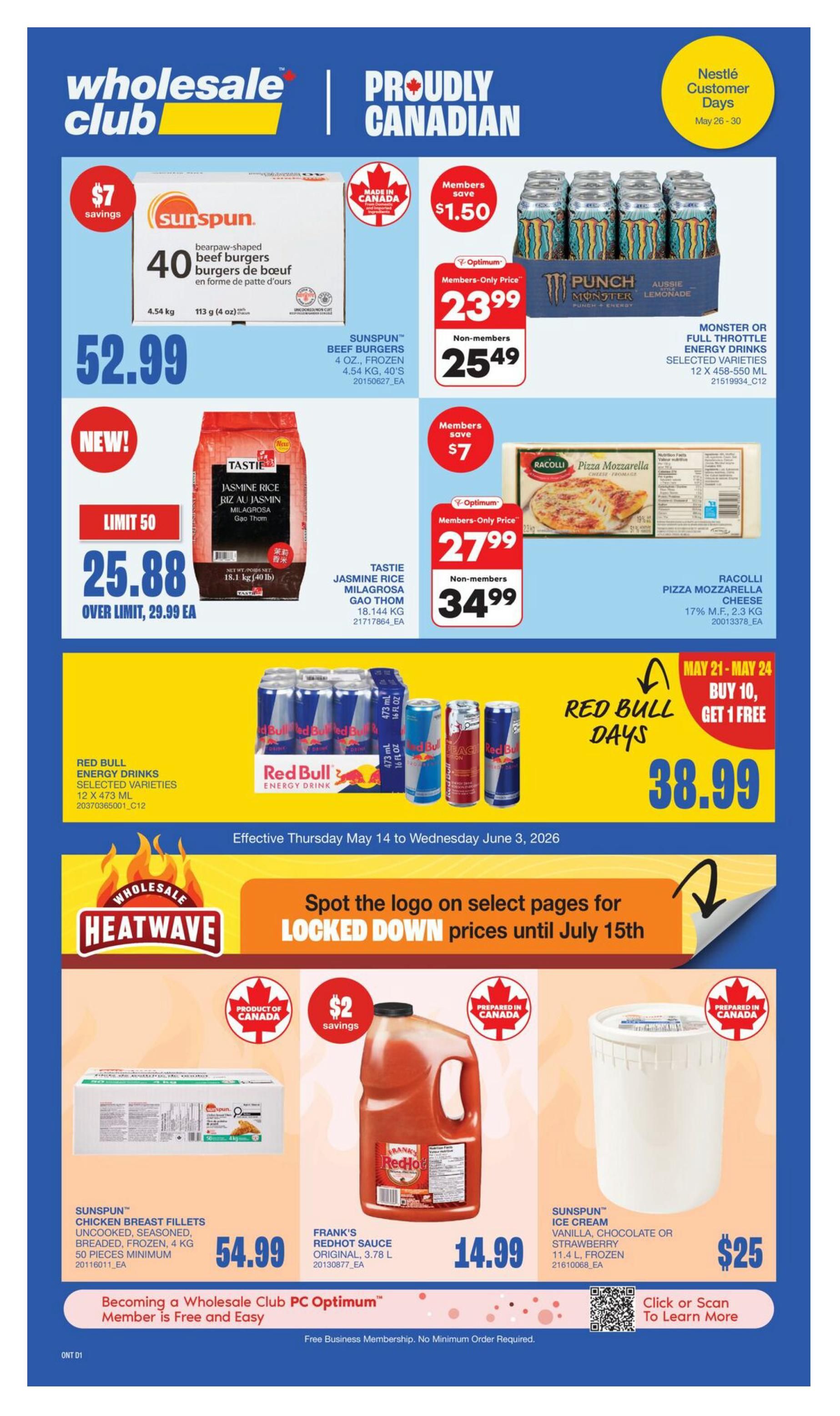 Wholesale Club flyer specials for May. Featured items include Kraft Miracle Whip selected varieties, 650-890 ml, for $3 (limit 6, over limit retail $4.00). Also, Takis Rolled Corn Chips, selected varieties, 260 g, for $2.25 (limit 6, over limit retail $3.00). Head Men's & Women's Socks, 3 pack, are on sale for $4 (limit 6, over limit retail $5.99). The flyer highlights 'Lowest Prices Best Deals' and is valid May 1st - 31st, 2026, while quantities last.
