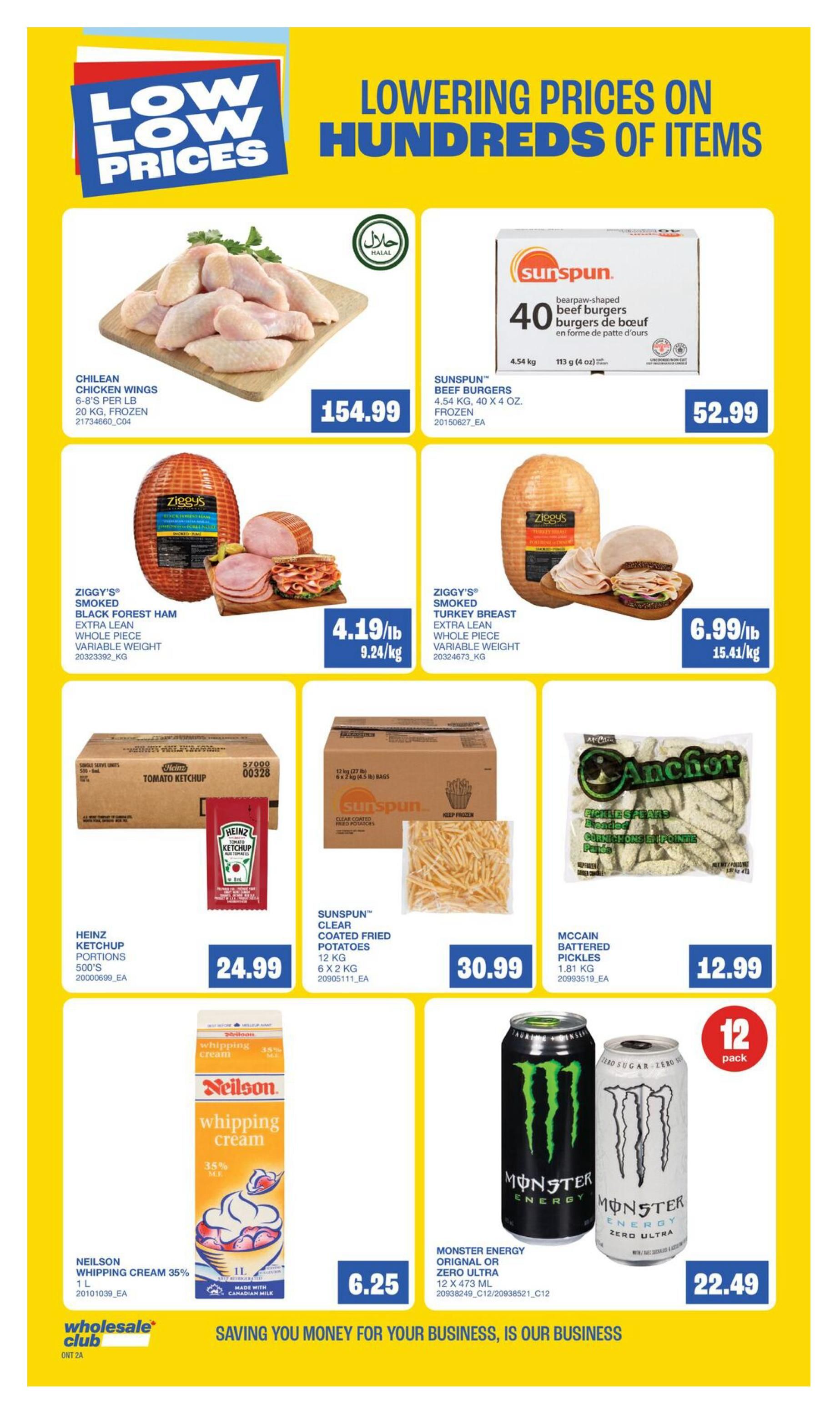 Wholesale Club flyer page 6 featuring low prices on hundreds of items. Pictured are Chilean chicken wings for $154.99, Sunspun beef burgers (4.54 kg) for $52.99, Ziggy's smoked black forest ham for $4.19/lb ($9.24/kg), Ziggy's smoked turkey breast for $6.99/lb ($15.41/kg), Heinz ketchup portions (500's) for $24.99, Sunspun clear coated fried potatoes (12 kg) for $30.99, McCain battered pickles (1.81 kg) for $12.99, and a 12-pack of Monster Energy Original or Zero Ultra (12 x 473 mL) for $22.49. Also featured is Neilson whipping cream 35% (1 L) for $6.25. The bottom of the page states 'Saving you money for your business, is our business'.