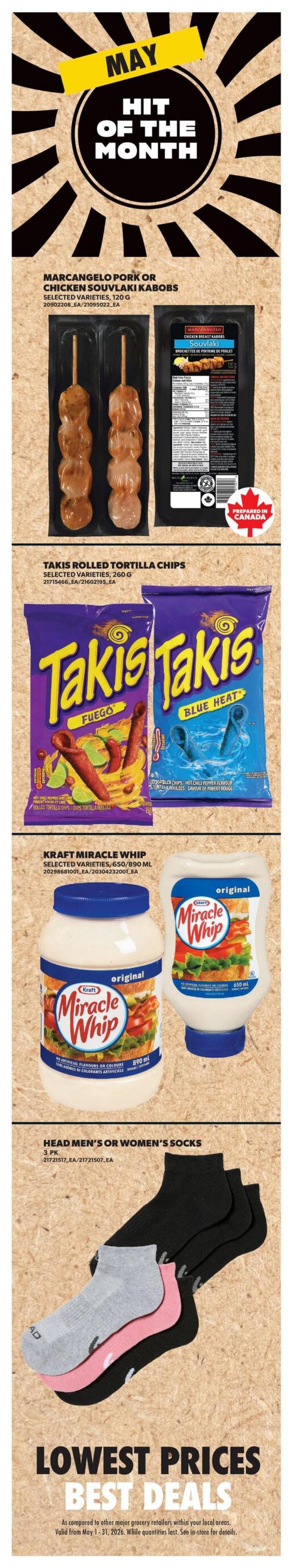 Wholesale Club weekly flyer specials page 2. Featuring Striploin Steak at $12.88 per lb, Whole Seedless Watermelon at $4.99 each, PC Smokies Selected Varieties 1kg for $13, Heinz Tomato Ketchup 1L for $4.97 (limit 4), Whole Pompano, Milkfish or Wild Pink Salmon for $4 per lb, Breyers Creamery Style Ice Cream selected varieties for $3.98 (limit 4), PC Coffee Pods 72's or No Name Coffee Pods 102's for $39.99, Lay's Potato Chips selected varieties for $2.77 (limit 4), Real Canadian Natural Spring Water 24x500mL for $3, Gatorade Sports Drink 24x591mL for $21.49, Melona Dessert Bar selected varieties frozen 560mL for $3.99, and Pampers Econo Pack Diapers selected varieties for $34.99 (limit 4). Flyer prices effective May 14th to May 20th, 2026.