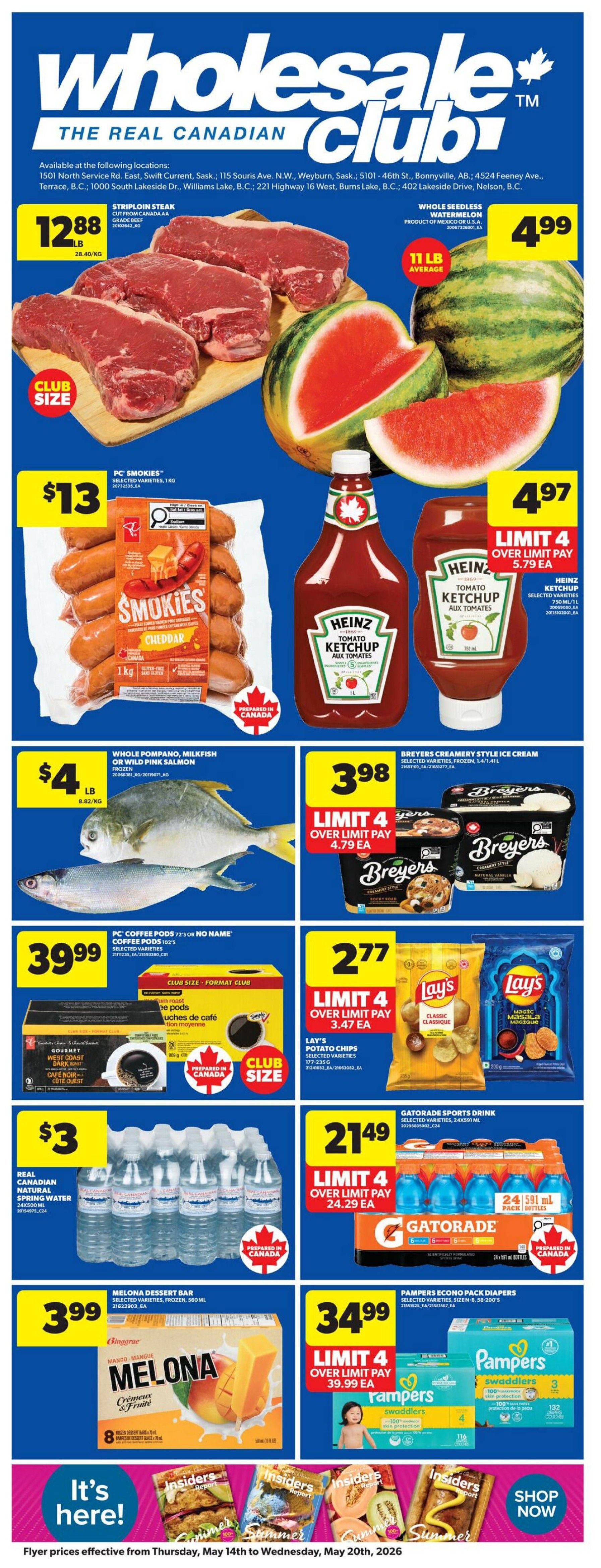 Wholesale Club flyer page featuring 'Hit of the Month' specials for May. Offers include Marcangelo Pork or Chicken Souvlaki Kabobs, 120g, selected varieties. Also featured are Takis Rolled Tortilla Chips in Fuego and Blue Heat flavours, 260g, selected varieties. Kraft Miracle Whip dressing is available in selected varieties, in 650ml or 890ml sizes. Additionally, Head Men's or Women's Socks are available in a 3-pack. The page highlights 'Lowest Prices, Best Deals' valid from May 1-31, 2026.